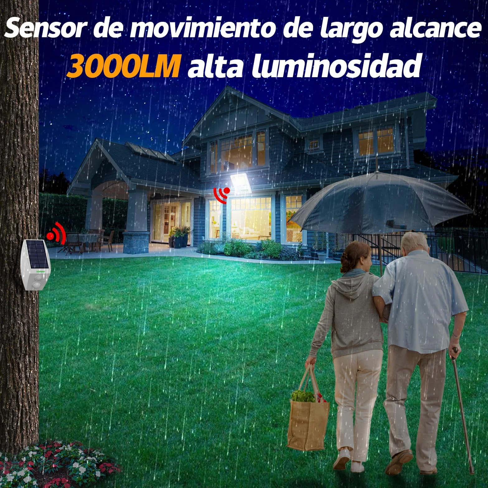 intelamp Foco LED Solar Exterior 2000LM, Batería 12000mAh, Color Blanco 6500K, Sensor de Movimiento con Caja Externa, 3 Modos, IP65 Impermeable, Lámpara de Seguridad para Jardín y Terraza