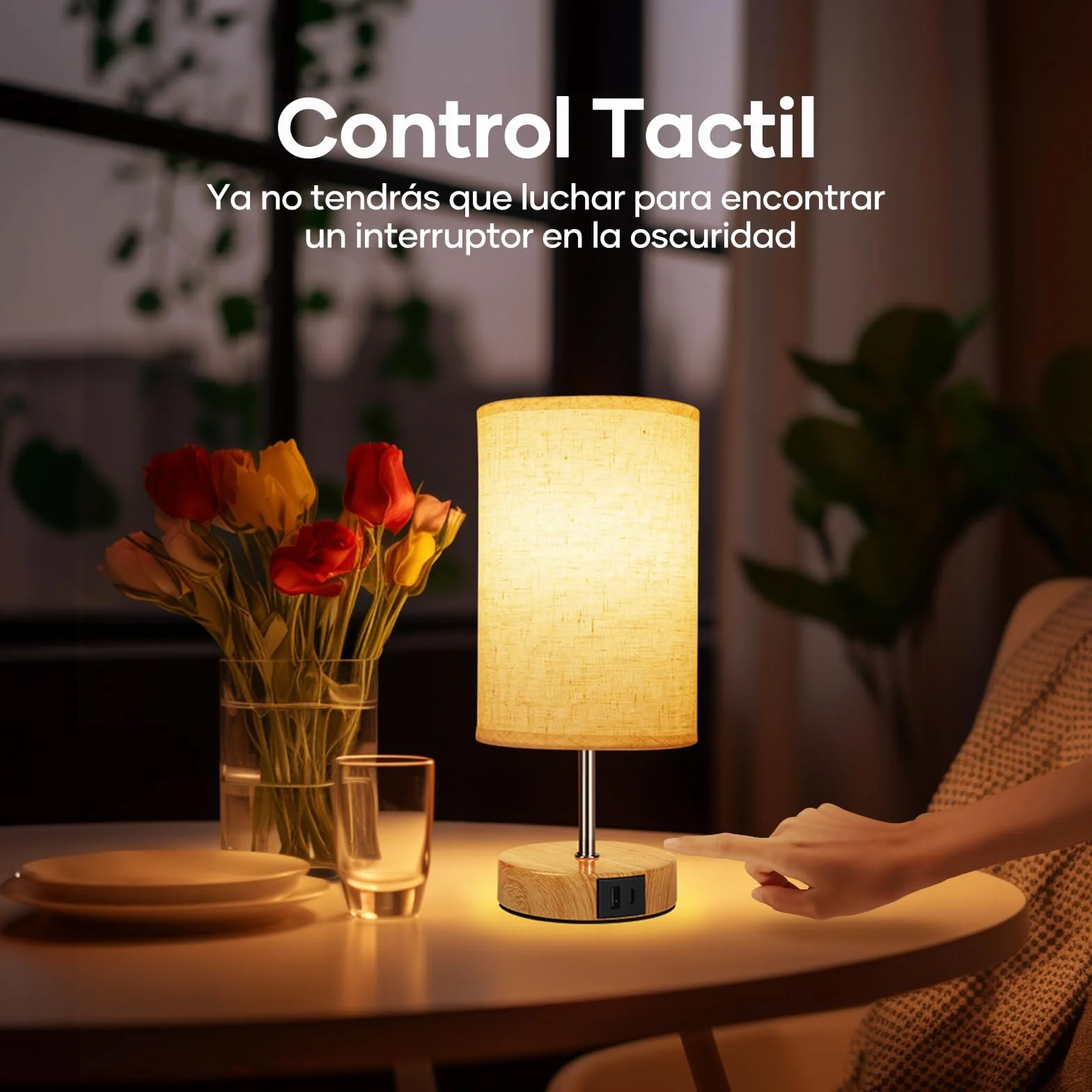 Suright Lámpara de Mesita de Noche Táctil Regulable con Puertos USB A+C, Lámpara de Mesa Pequeña para Dormitorio