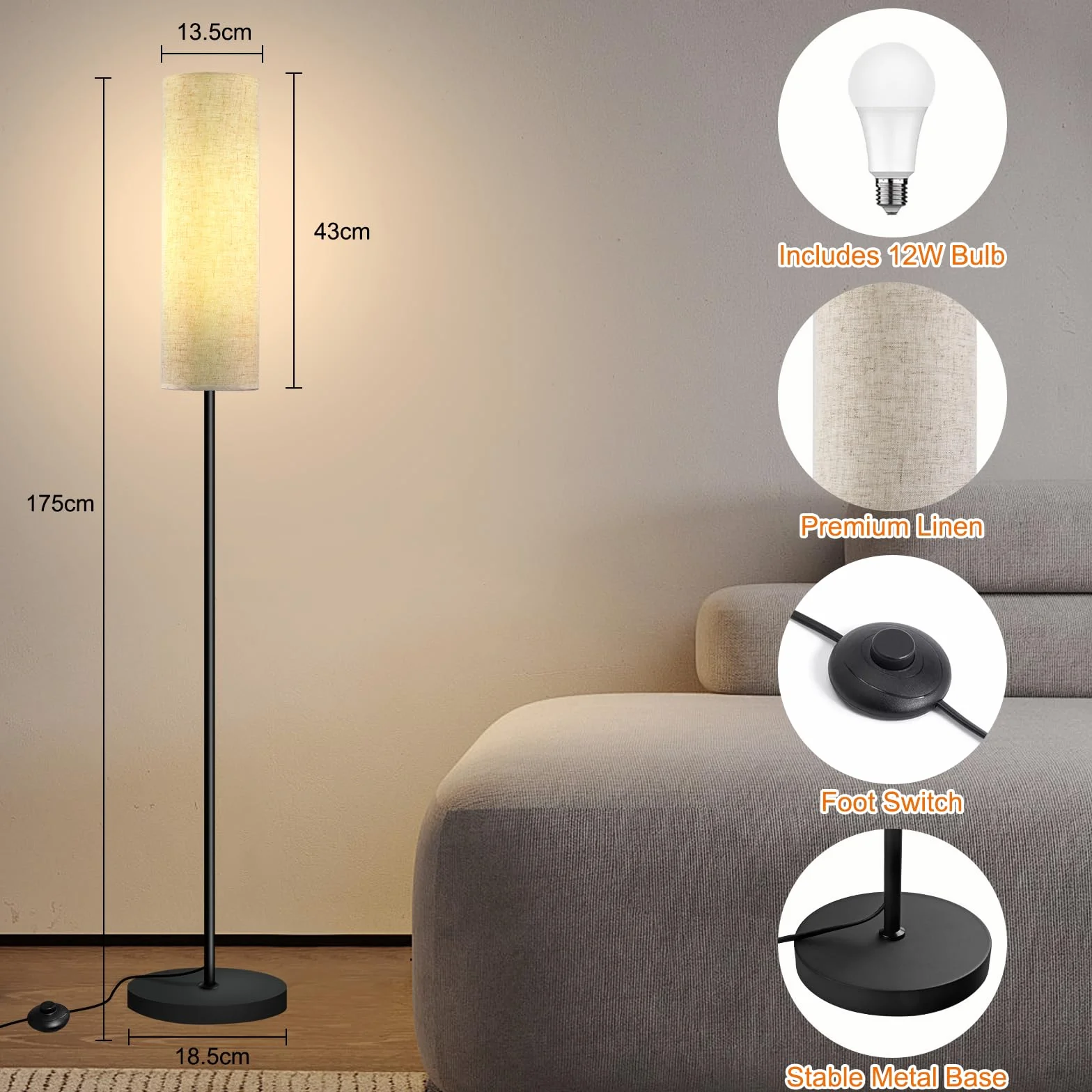 Yicenscoltd lámpara de pie LED regulable 3 temperaturas color E27 12 W pantalla lino interruptor pie