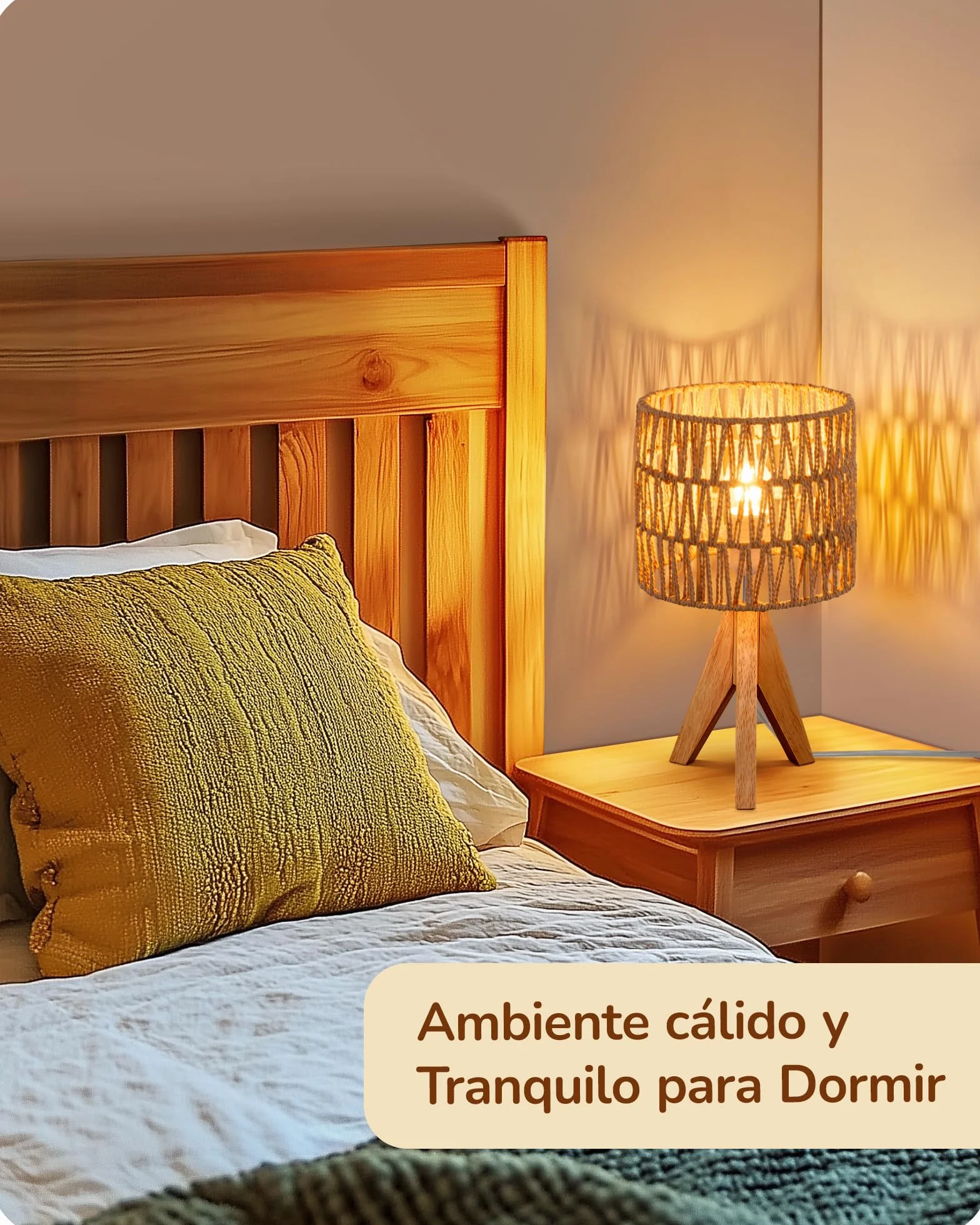 EDISHINE Lámpara de Mesa Pantalla de Lino Blanco Base de Madera Natural E27 Bombilla LED 2700K Incluida