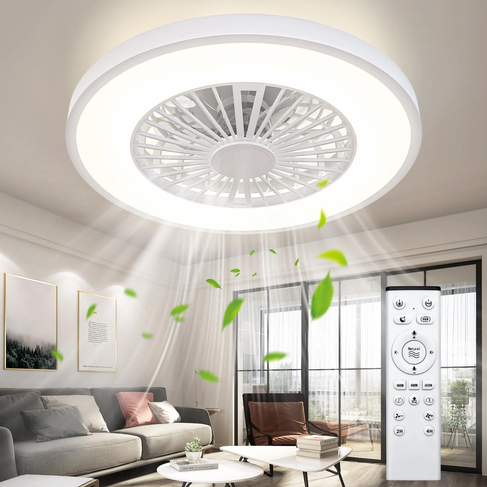 Ventilador de Techo con Luz LED Dimmable Ø54CM, Control Remoto 3000K-6500K, 6 Velocidades, Temporizador
