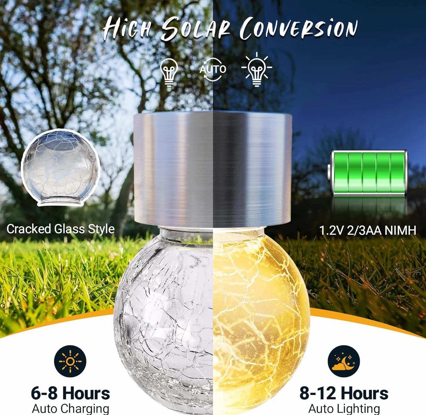 GIGALUMI Paquete de 12 luces solares para exteriores, luces solares colgantes para decoración de Navidad, luces solares de vidrio agrietado para exteriores, impermeables, para jardín, patio, valla,