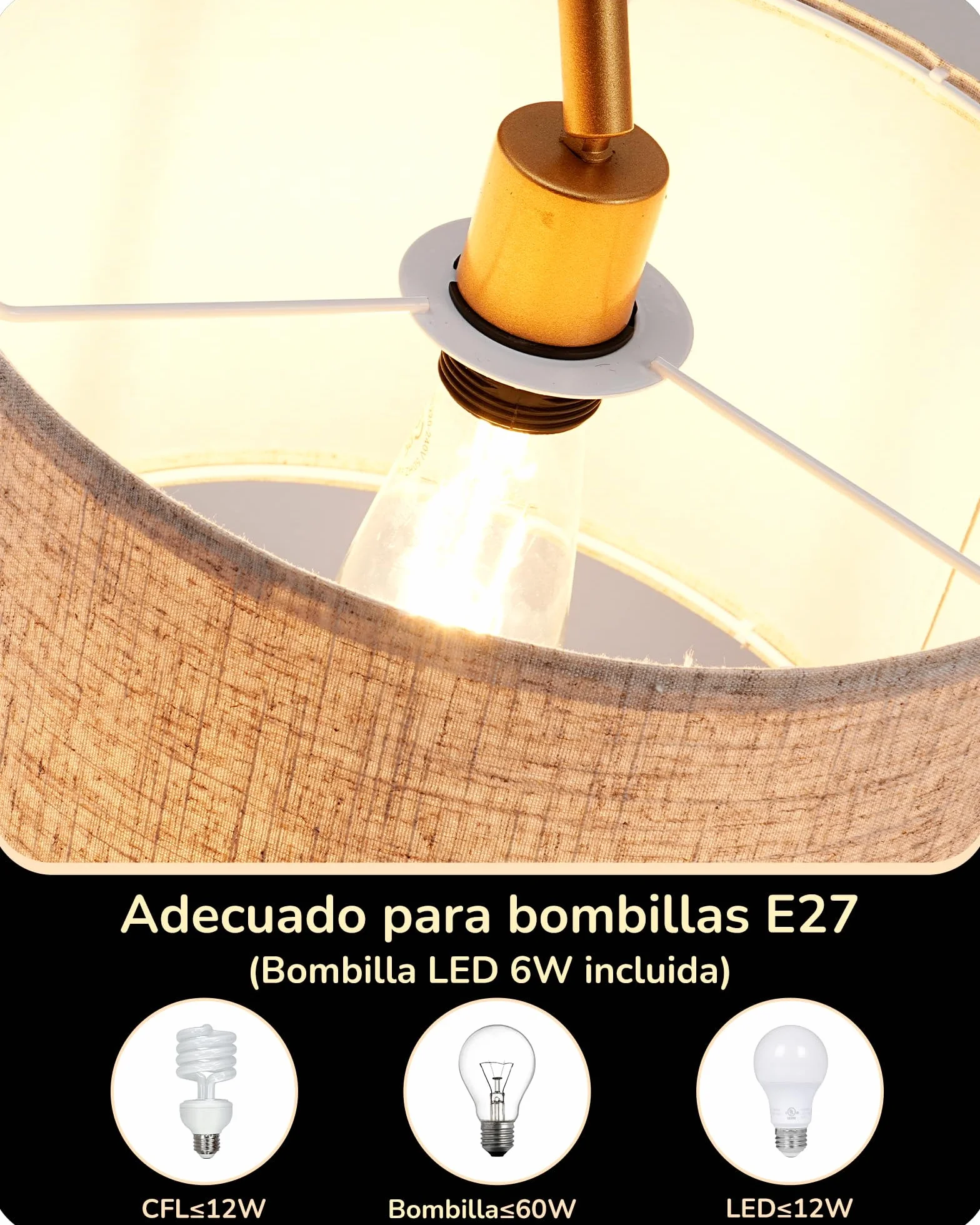 EDISHINE Lámpara de Pie Arco 161cm Pantalla de Lino Beige E27 con Bombilla LED Ajustable Dorado