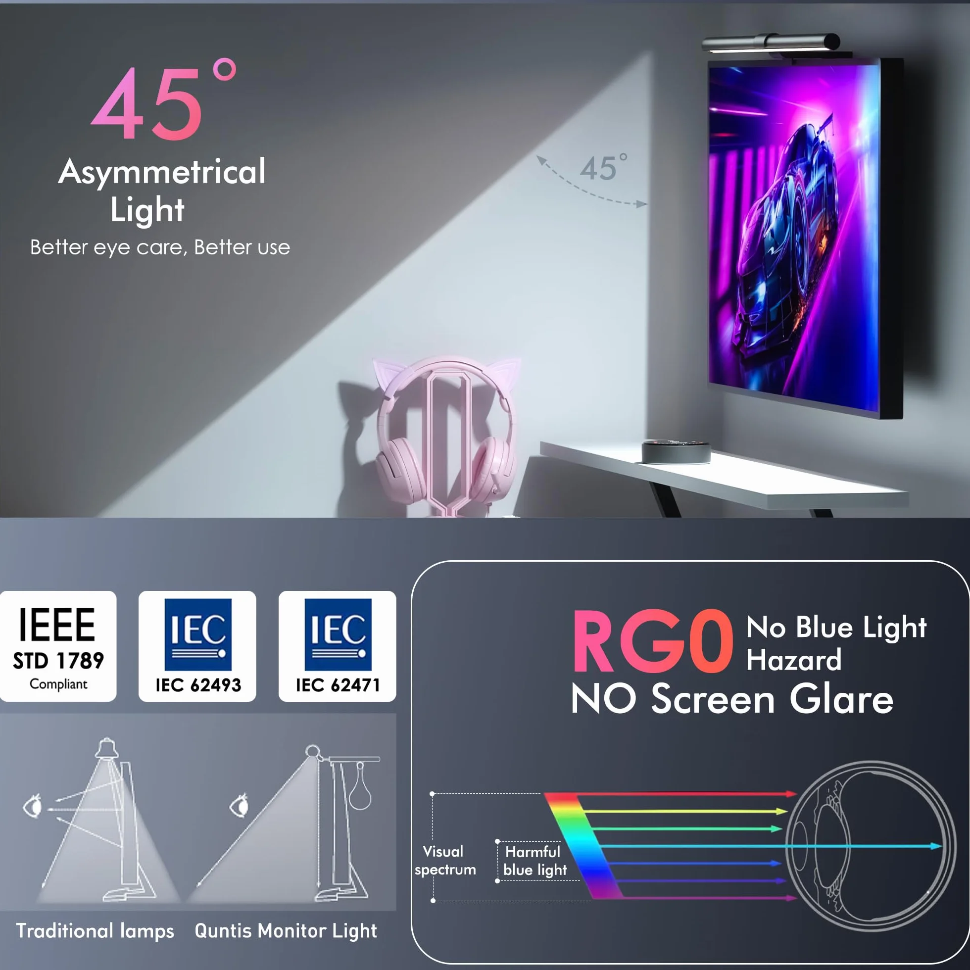 Quntis 51CM Luz Monitor con Retroiluminación Rgb, Lámpara de Monitor Remota con 15 Modos de Retroiluminación, Regulable y Antideslumbrante, Luz Ordenador para Todos los Monitores