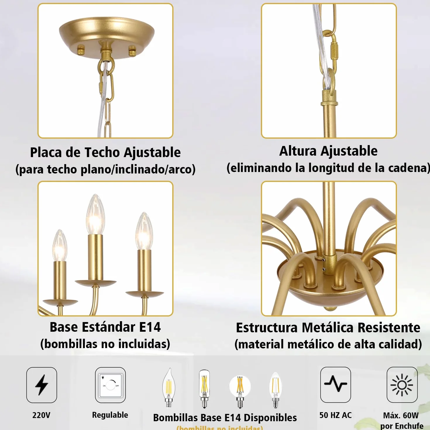 Lámpara Colgante Industrial Dorada 8 Luces E14 Vintage para Salón