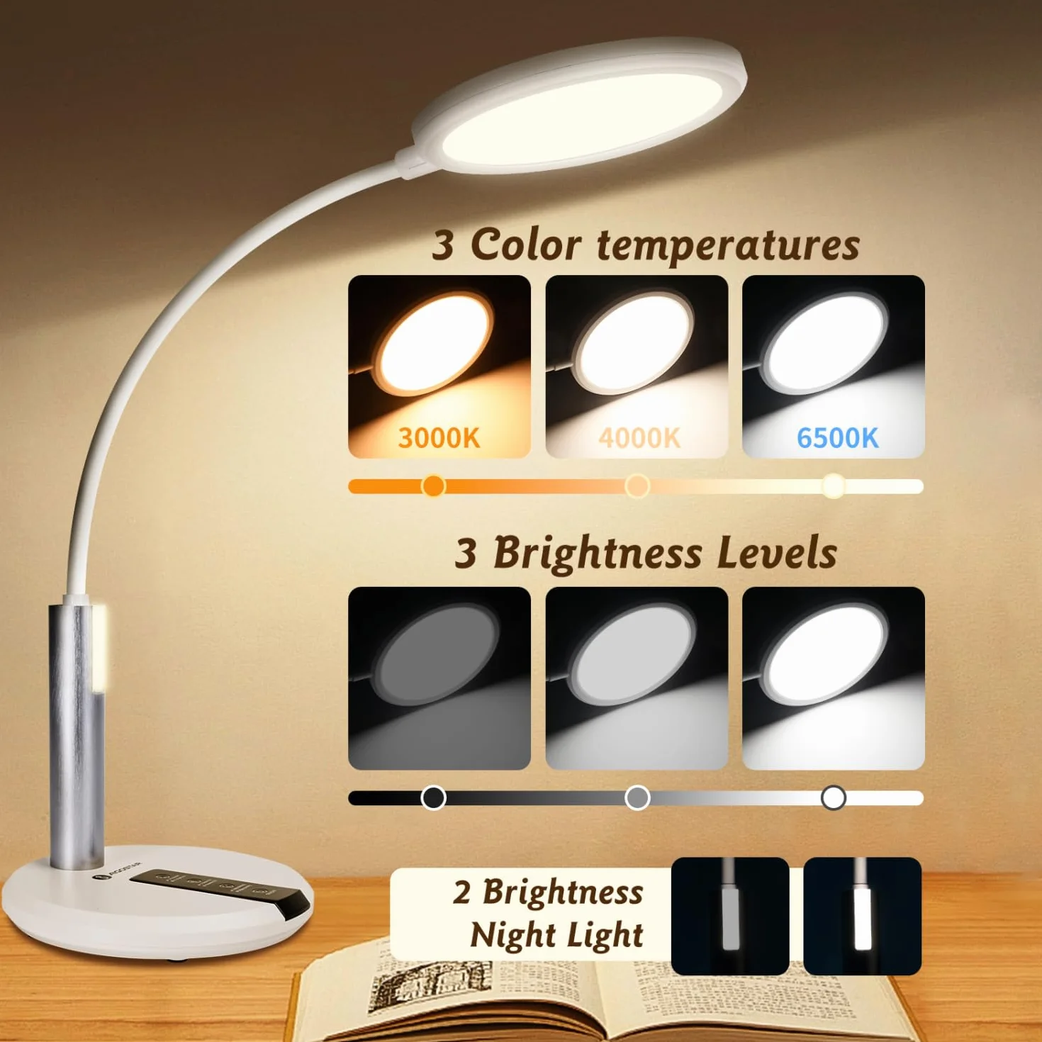 Aigostar Flexo Lampara Escritorio LED Ajuste Flexible 360° 3 Brillo Temperatura Color Memoria Blanco