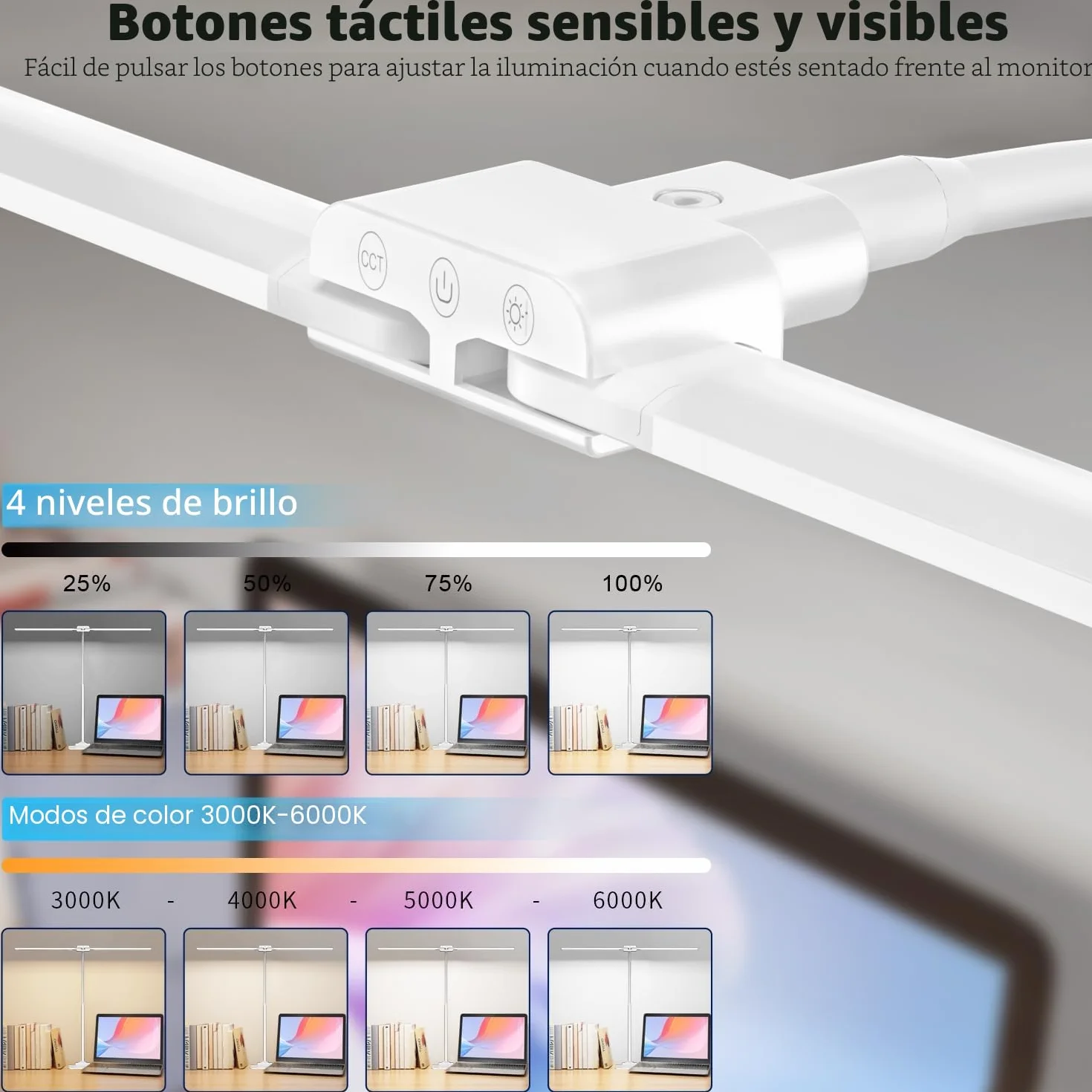 KableRika Lámpara Escritorio LED para Oficina, Flexo Escritorio de Doble Cabezal con Base, Luz de Arquitecto Regulable, luz monitor con Temporizador, para Leer, Estudiar y Oficina en el Hogar - Blanco