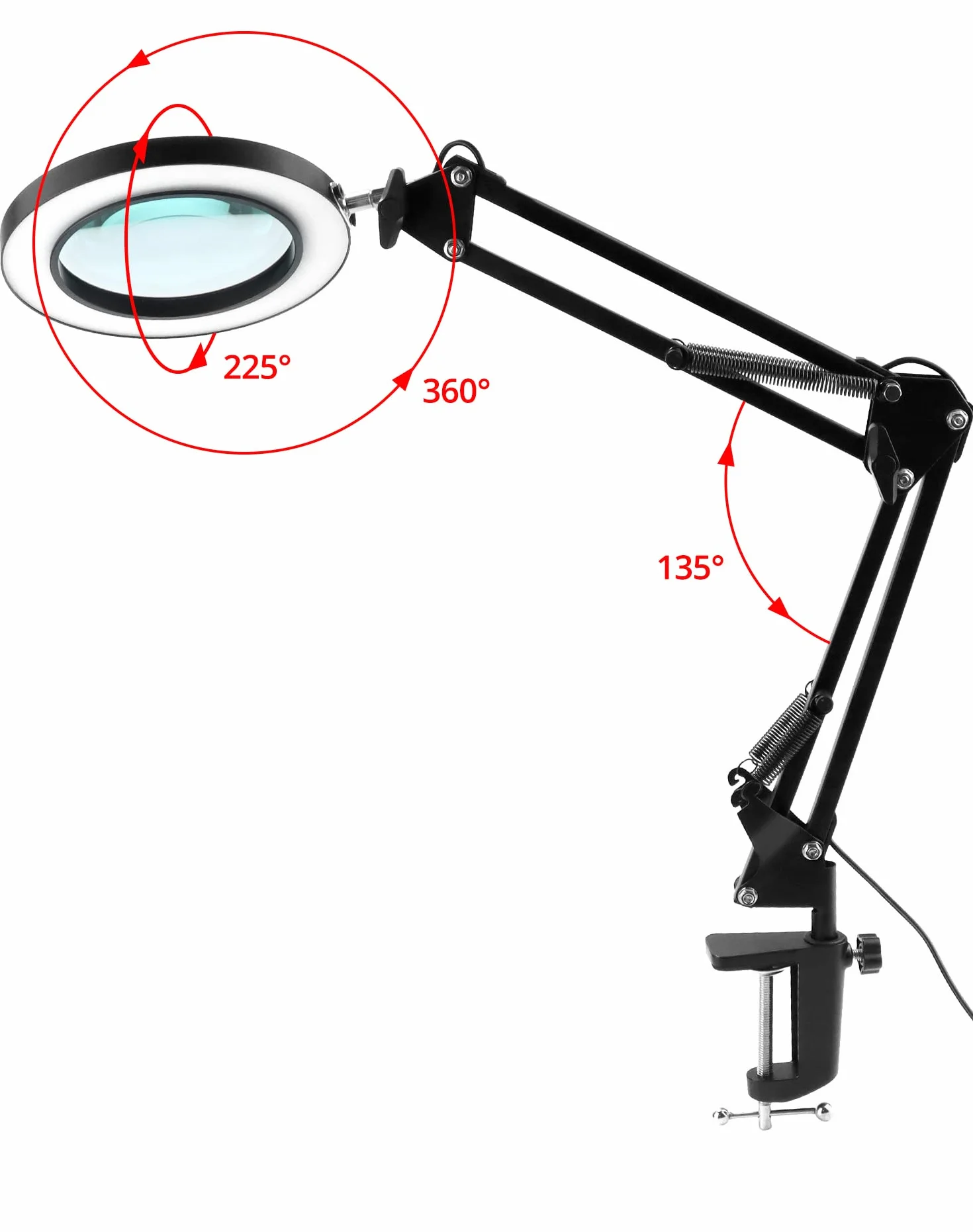 QWORK® LED de Lupa con Abrazadera y Base, lámparas de Aumento 10X, 3 Modos de Color y 10 Brillos Regulables, lámpara de Brazo Giratorio Ajustable, Negro