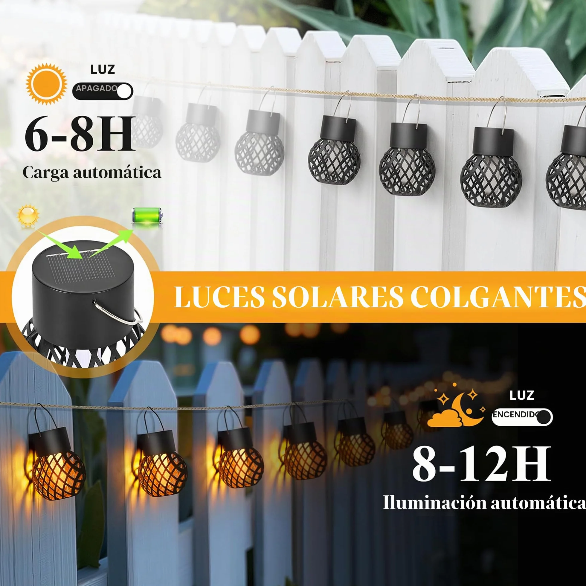 GIGALUMI Paquete de 8 luces solares colgantes de llama parpadeante, luces solares impermeables para jardín, patio, valla, árbol