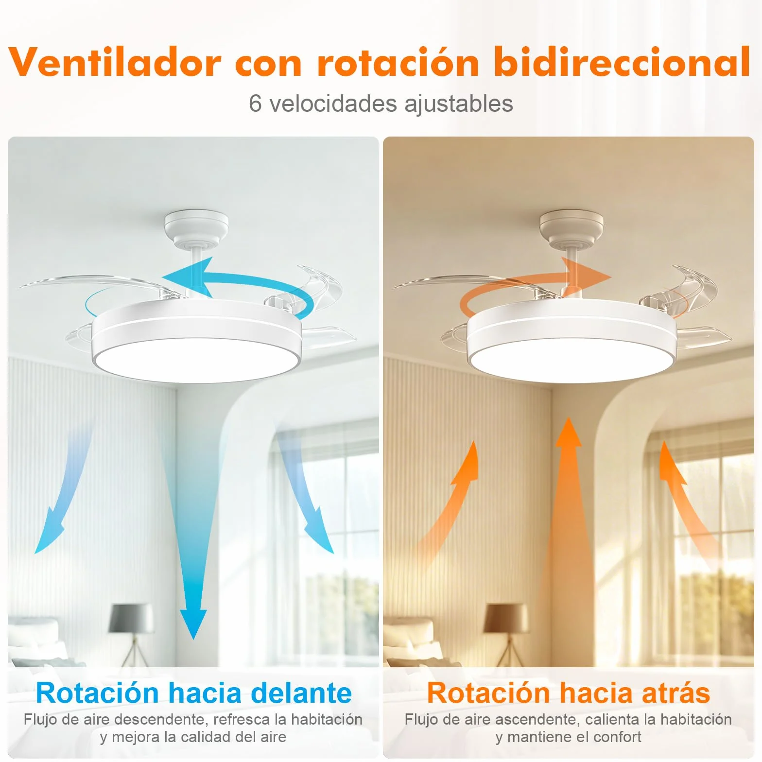 GRIFEMA Ventilador de Techo con Luz y Mando a Distancia, 107cm, Motor DC 30W, 6 Velocidades, GD105