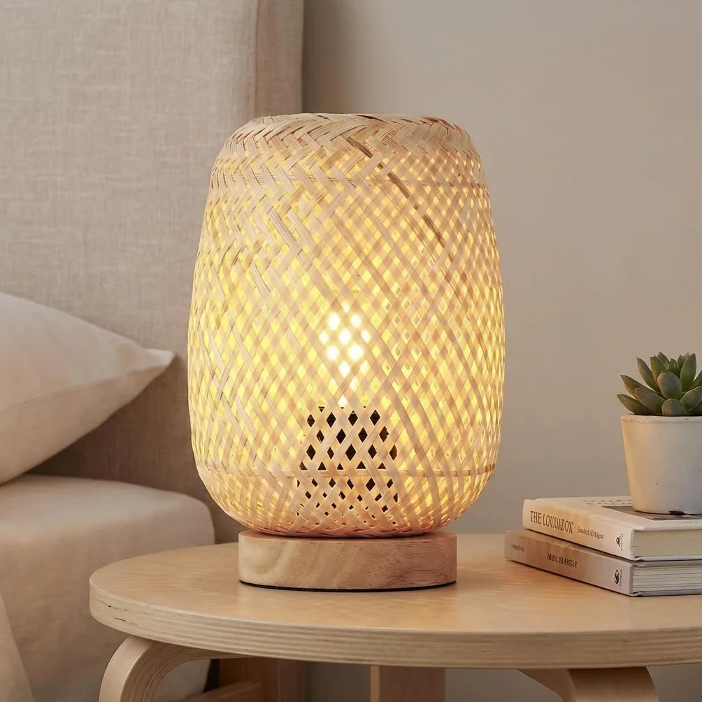 Lámpara de Mesa Mimbre Madera Ruka Barcelona LED E27 Estilo Rústico Boho Natural