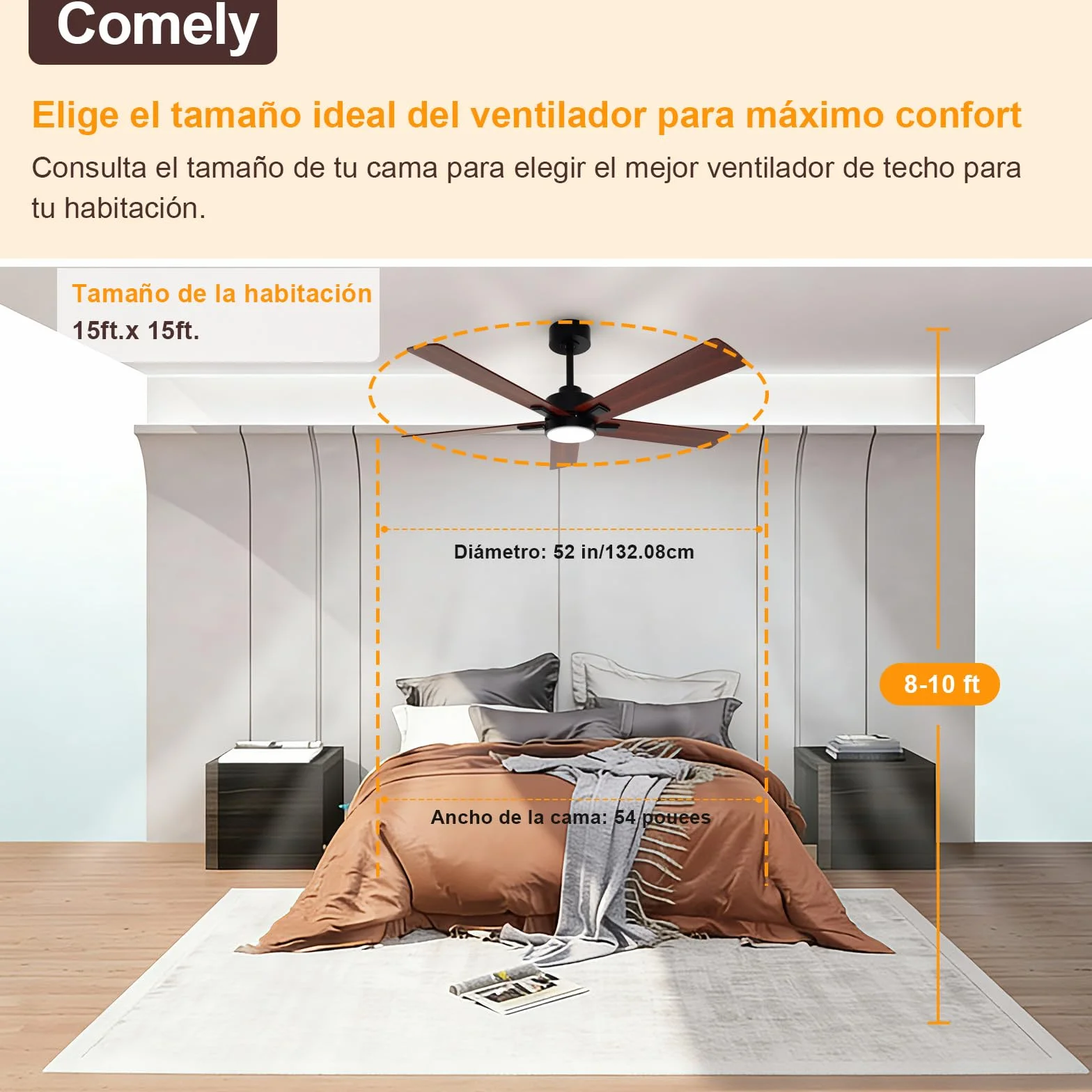 Ventilador de Techo con Luz DC, 132 cm, 3 Temperaturas de Color, 6 Velocidades, Función Verano/Invierno, Nogal