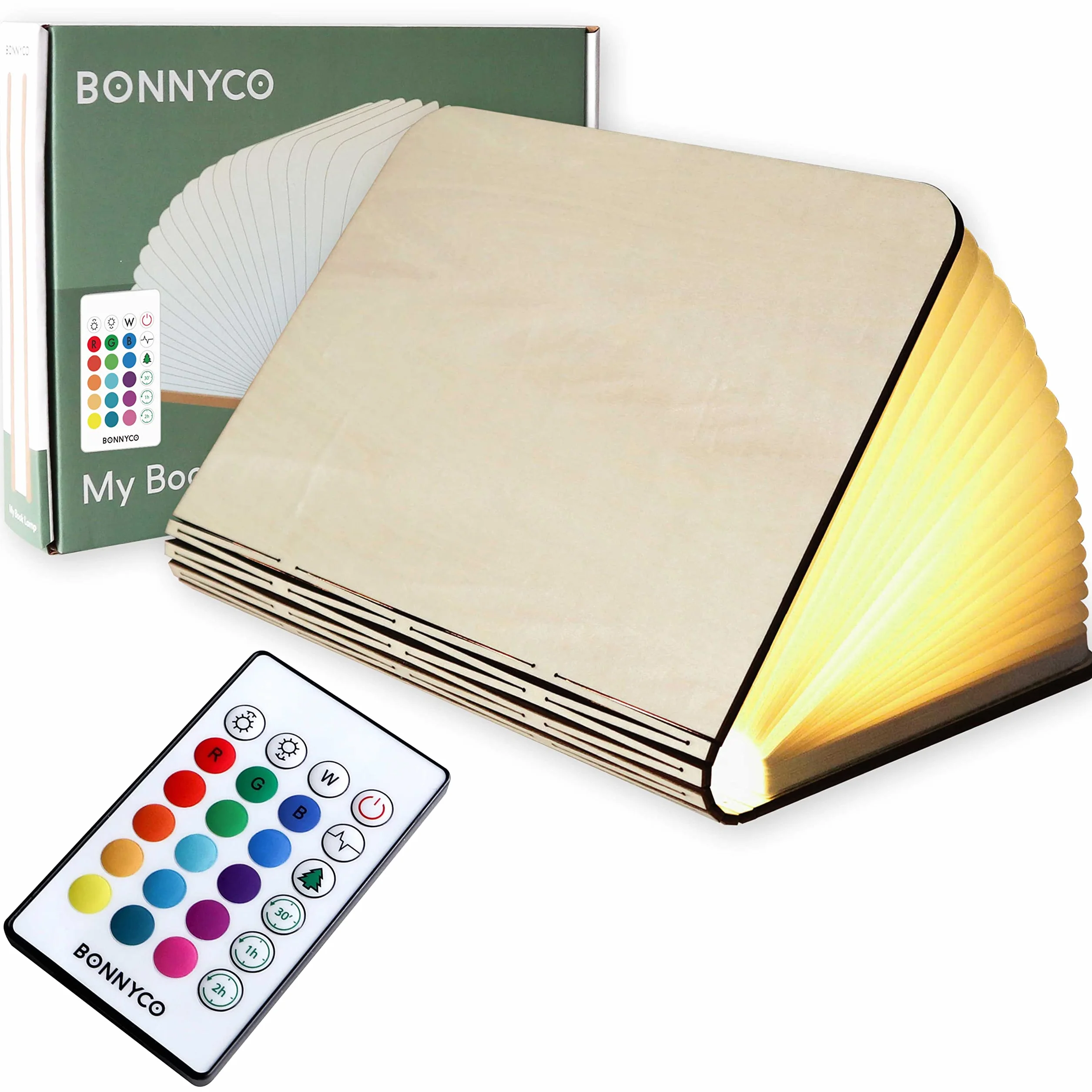 BONNYCO Lampara Libro Plegable de Madera con Mando 16 Colores Temporizador