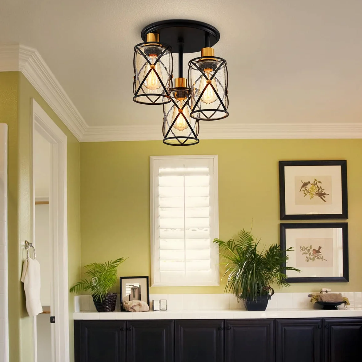 WUZUPS araña semi flushmount industrial 3-light plafon lámpara de techo transparente pantalla de cristal semillero para entrada porche vestíbulo cocina comedor baño, w29 h34, e27 base negra con latón
