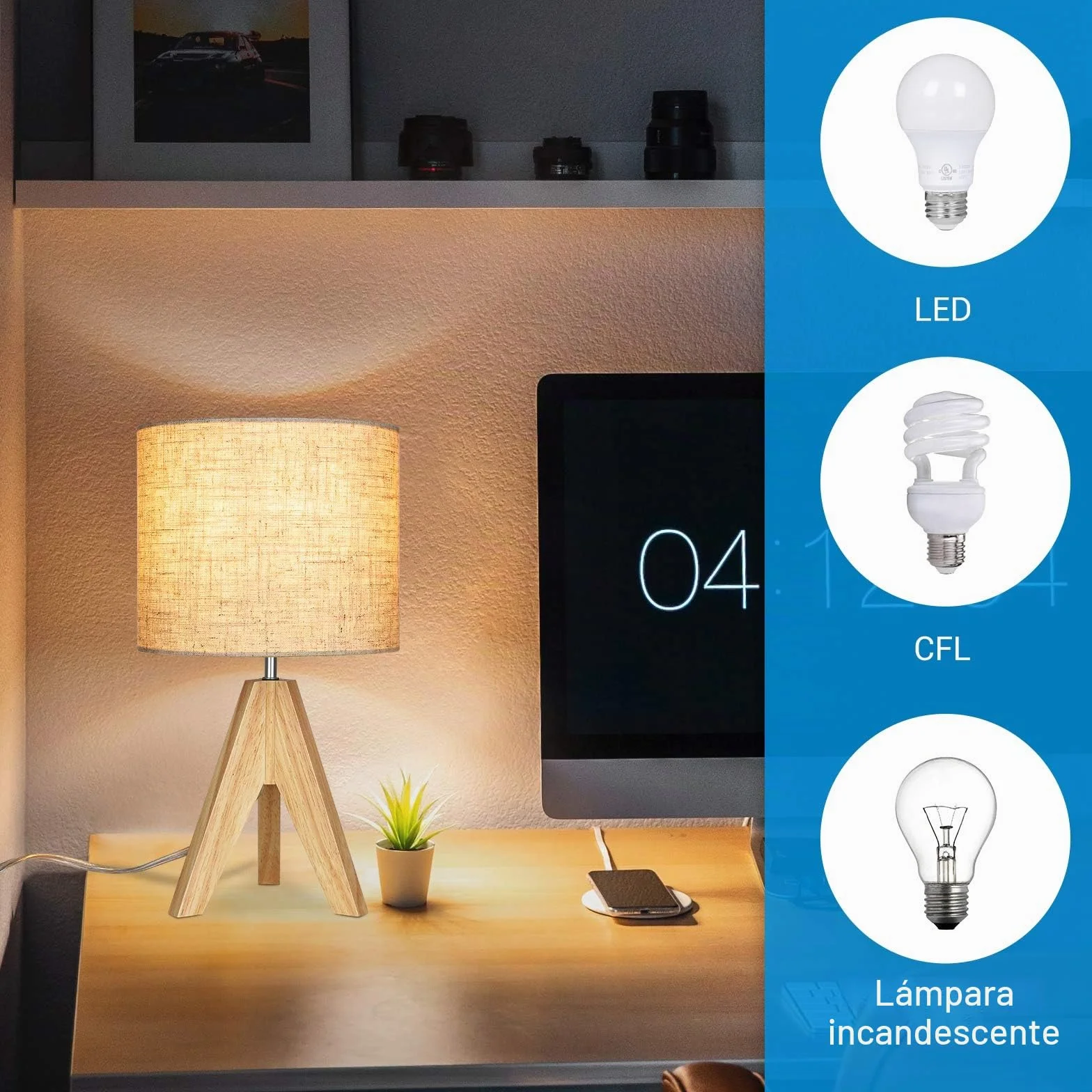 EDISHINE Lámparas de Noche de Madera 2 Unidades, Lámpara de Mesa Trípode E27, Pantalla de Lino Beige Vintage