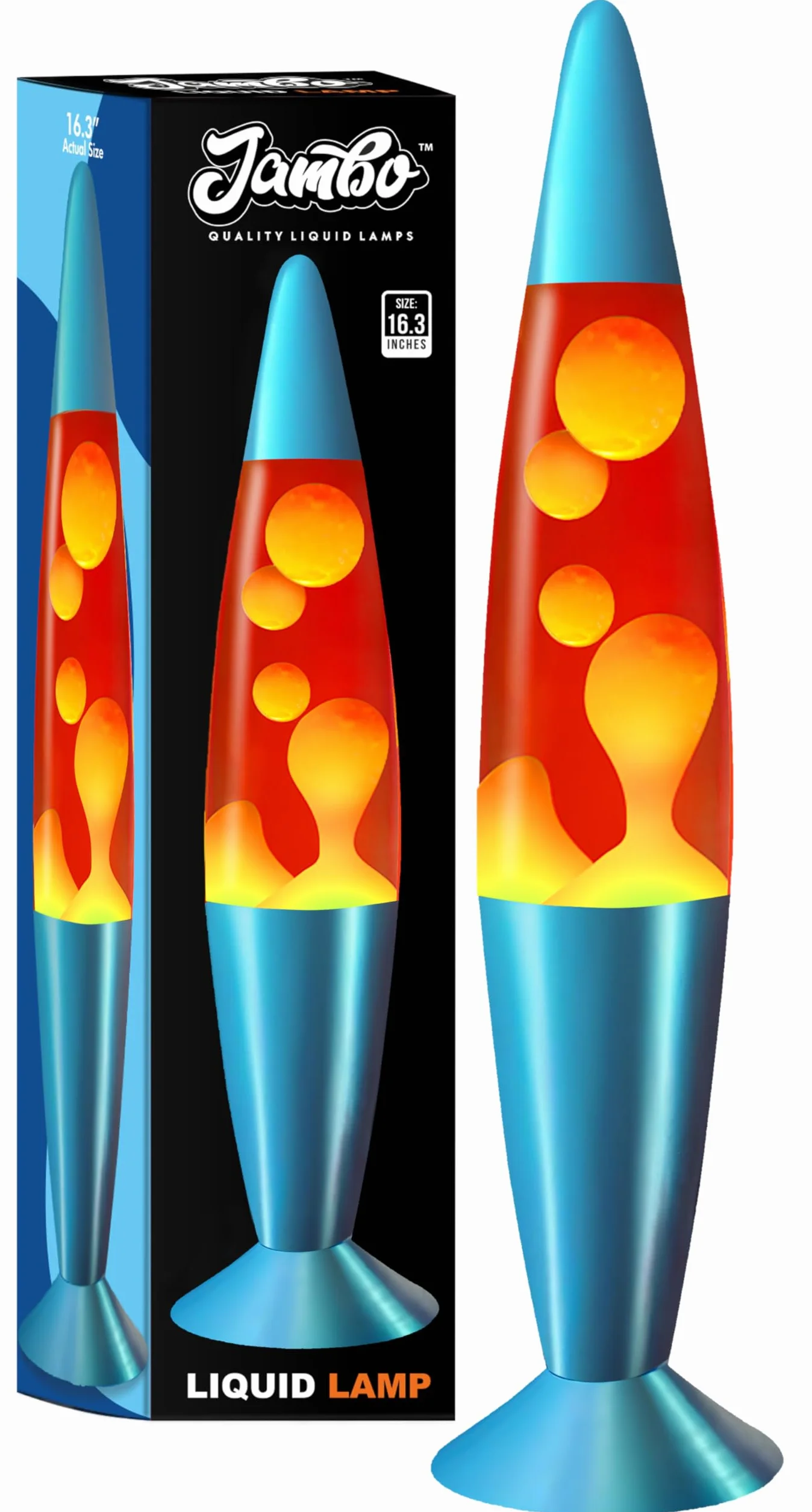 Jambo Lámpara de volcán azul con cera que fluye como lava, lámparas frescas, luces nocturnas para niños, adultos, adolescentes (16 pulgadas, base azul, líquido rojo, cera naranja)