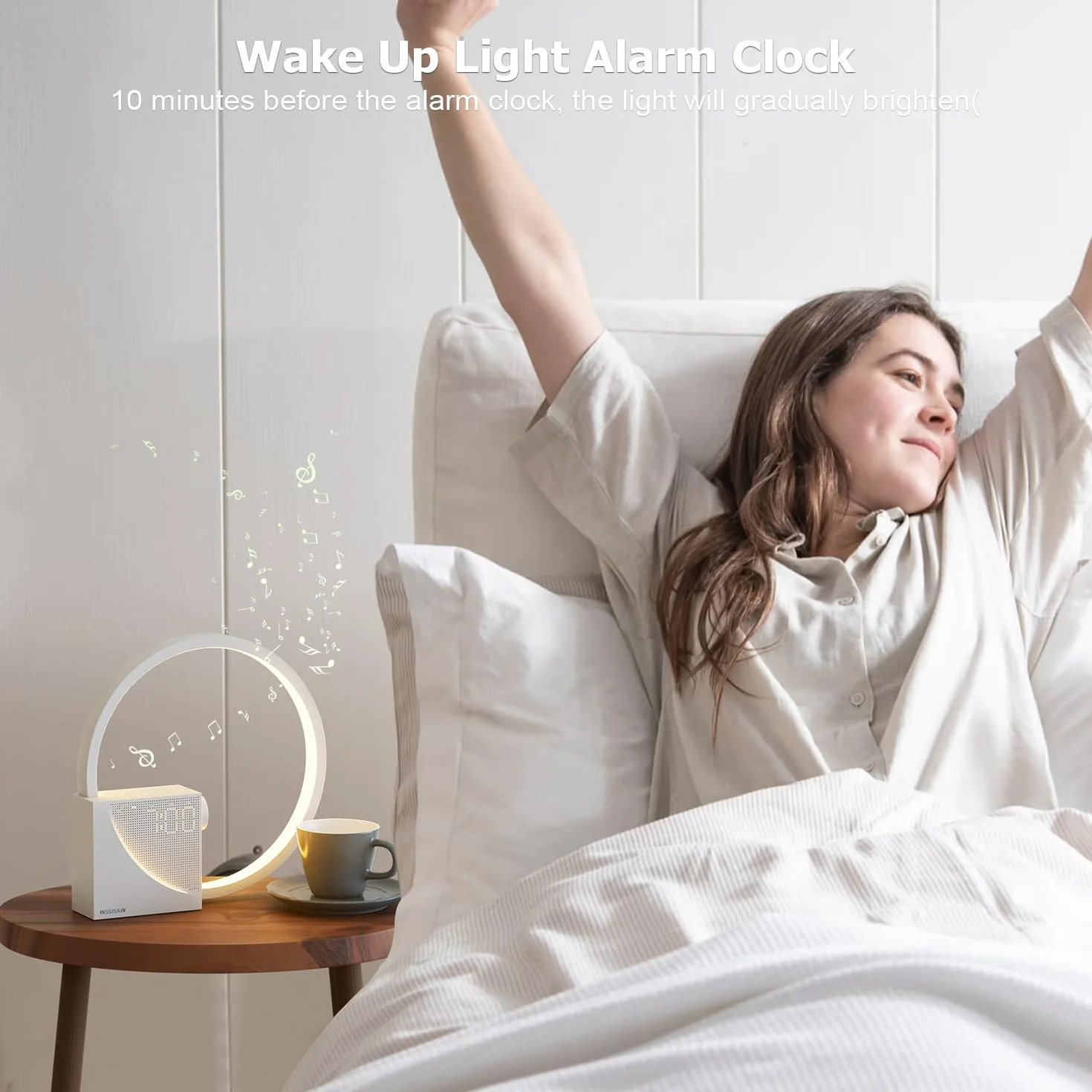 Lámpara De Cabecera De 10w, 2 Despertador, 10W Puertos de Carga USB, Luz Nocturna de 3 Niveles de Brillo,10 Sonidos Naturales,Ayudar a Dormir a Bebés Y Adultos (Beige)