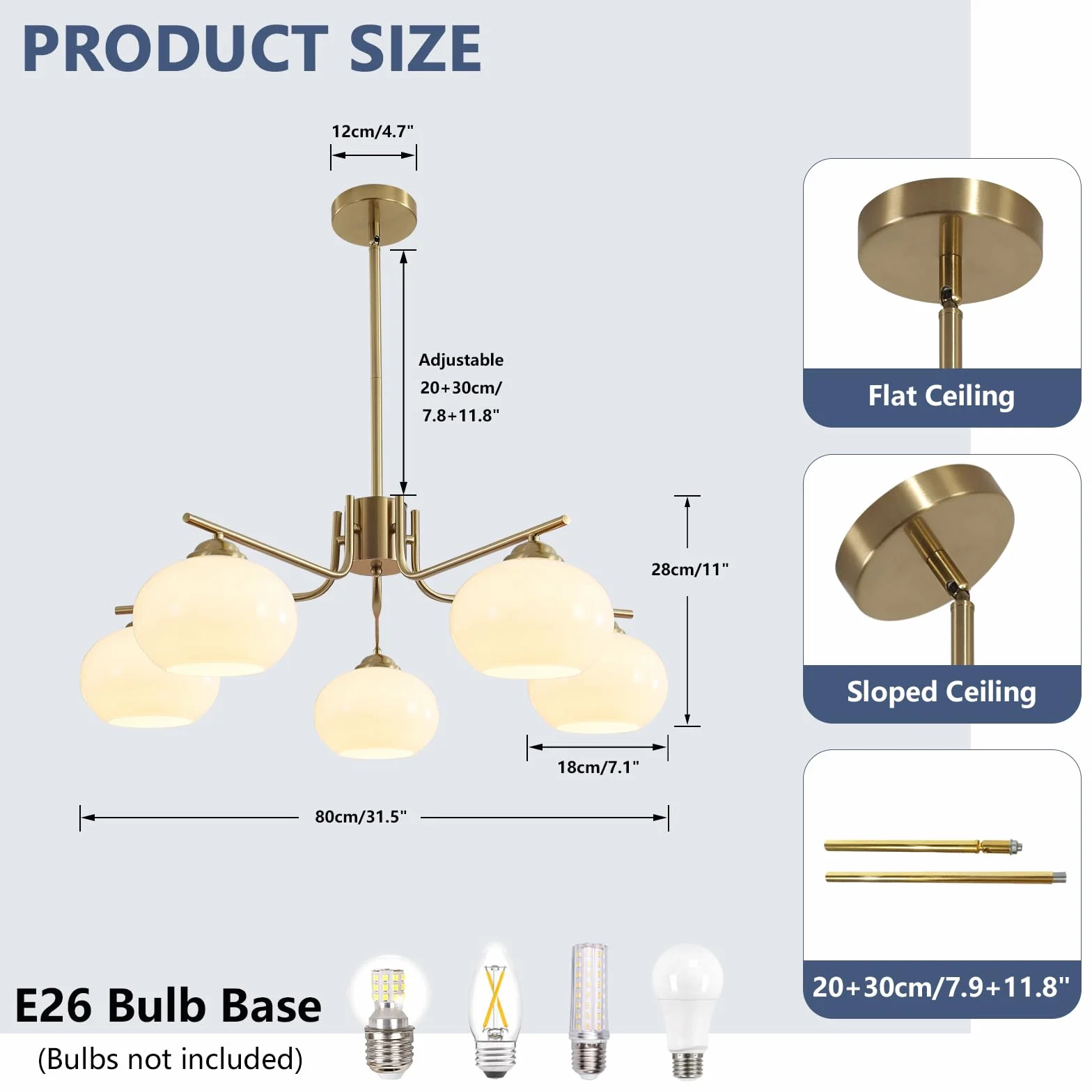 KCO Lámpara de araña Sputnik 5 luces latón oro montaje empotrado globo vidrio leche