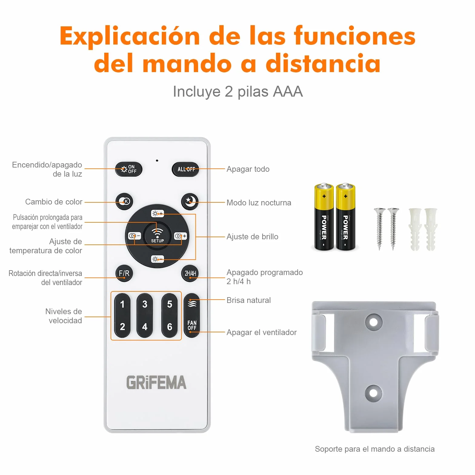GRIFEMA Ventilador de Techo con Luz y Mando a Distancia, 107cm, Motor DC 30W, 6 Velocidades, GD105