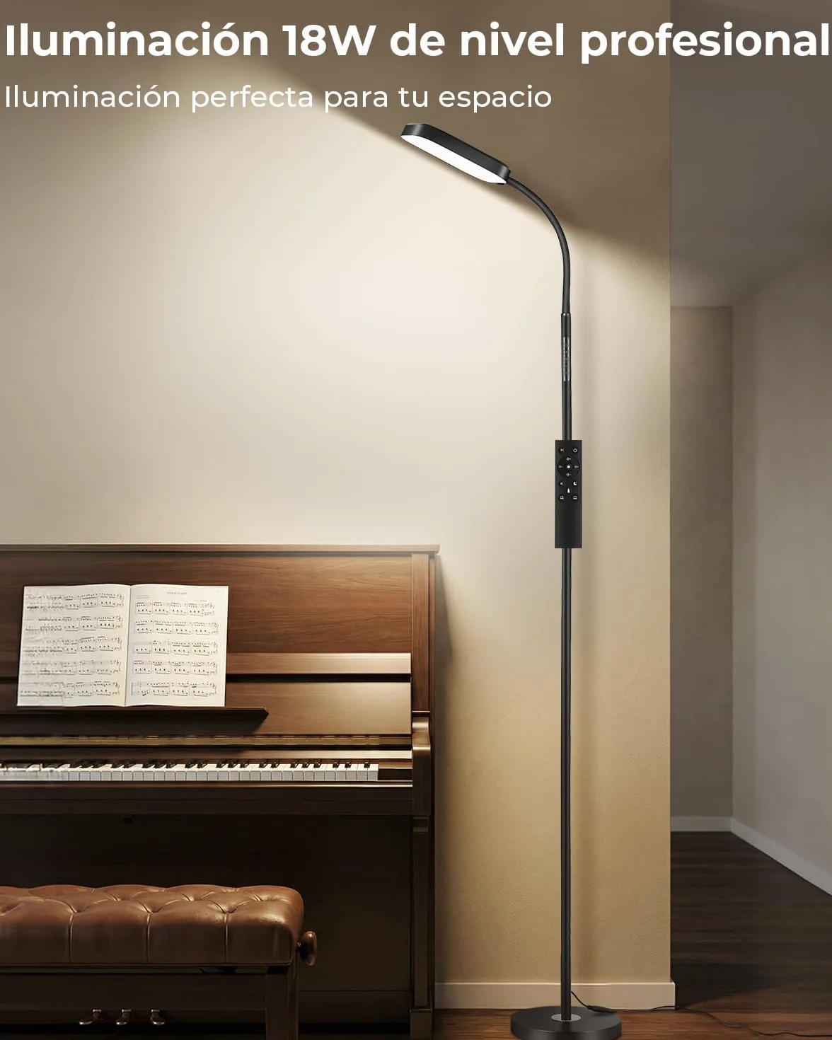Lámpara de pie LED regulable 18W 1850 lm con mando a distancia 3000–6500K para salón