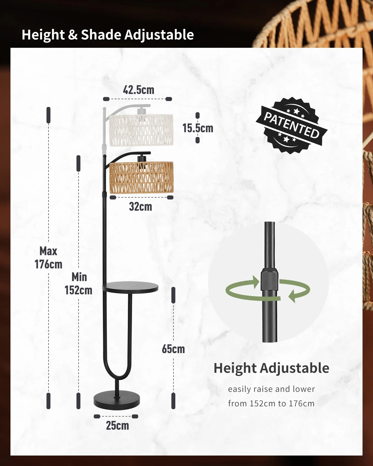 Lámpara de Pie Vintage Ratán Negra E27 Altura Ajustable 176 cm