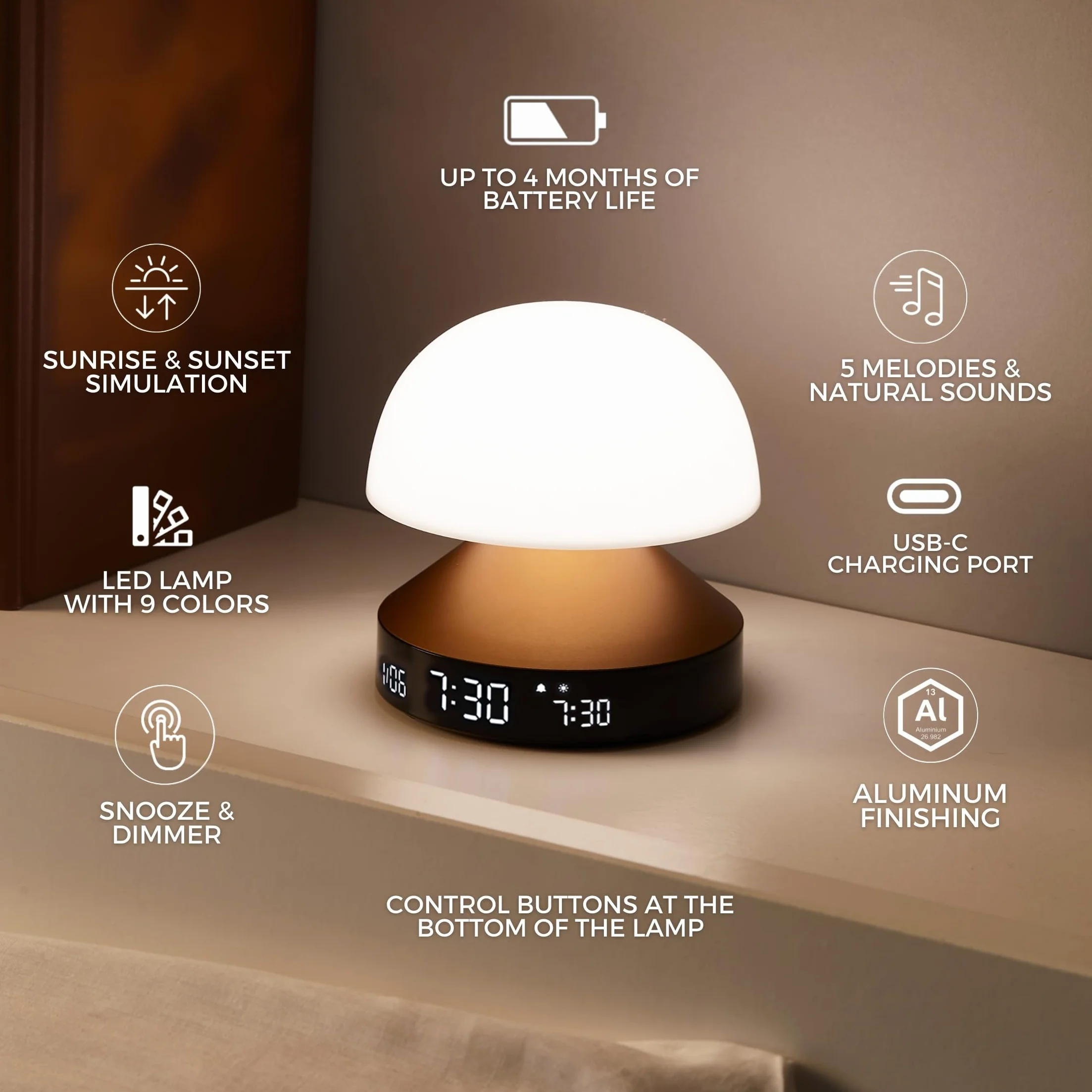 Lexon Mina Sunrise Despertador Luminoso de mañana, simulador de Amanecer y anochecer, 5 Sonidos Naturales, lámpara de Noche LED, luz Nocturna y Terapia de luz - Oro Suave