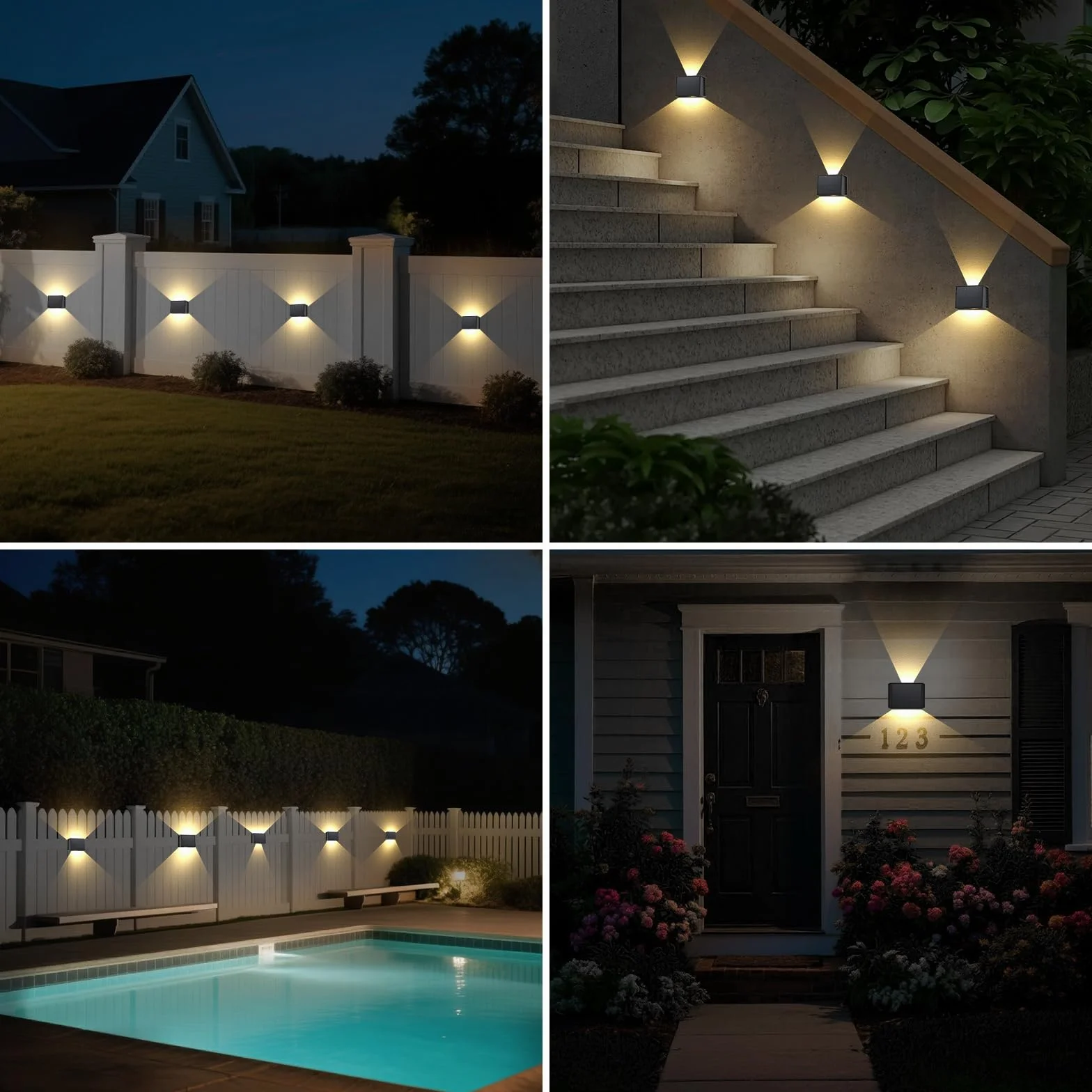 T-SUN Aplique Solar Exterior Pared 4 Piezas, 3000K Blanco Cálido Lámparas Solares Para Exterior Ángulo Del Haz Arriba y Abajo, Luces Solares Exteriores Jardin Impermeable para Porche, Camino, Garaje