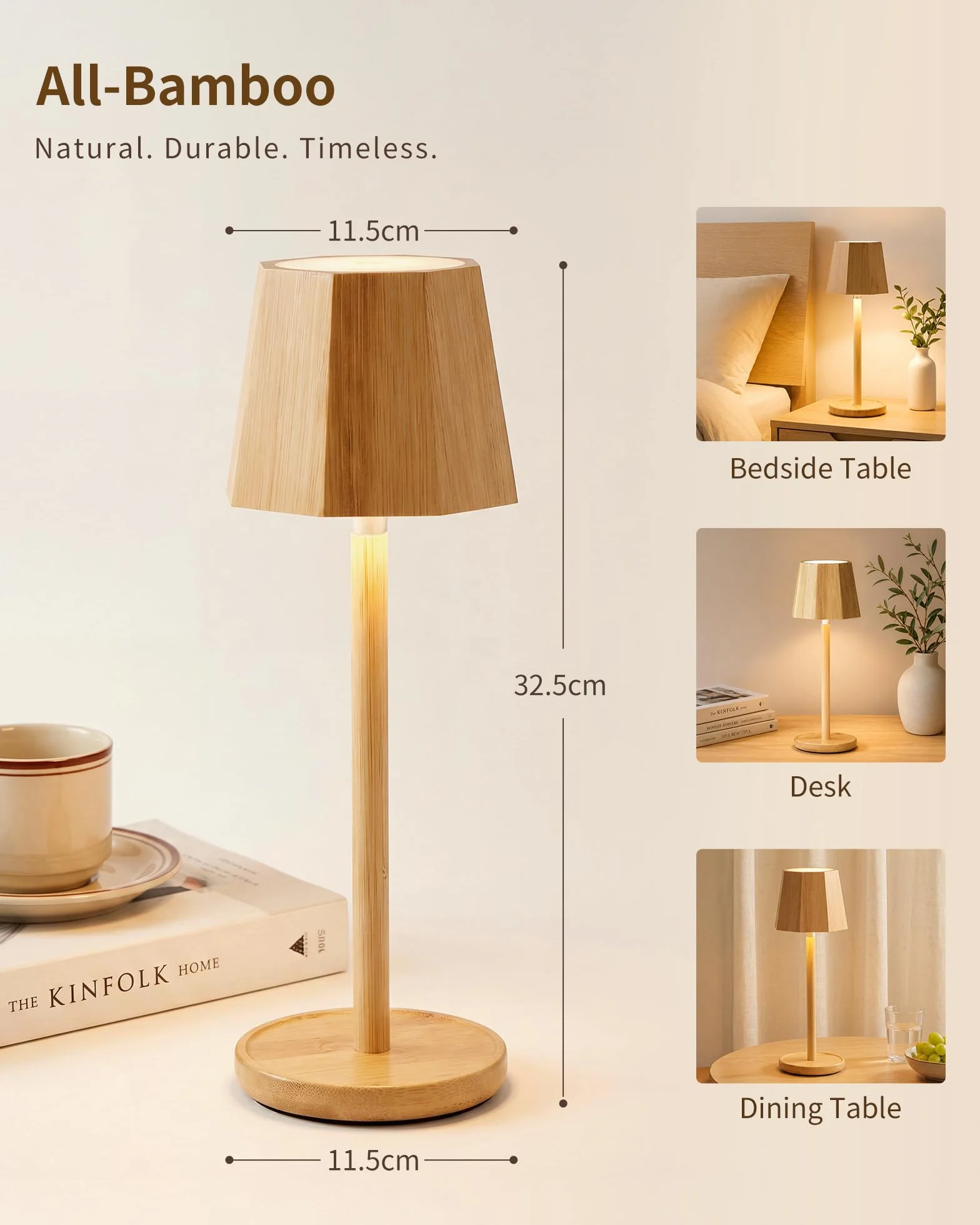 Lámpara LED de Mesa Inalámbrica Recargable Touch Dimmerable Bambú Impermeable BAMO TL12