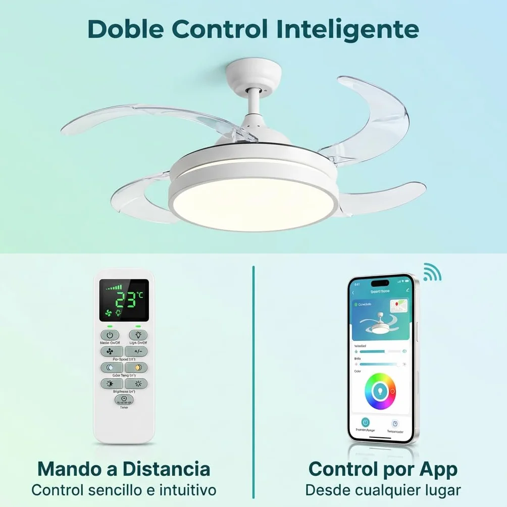 Don Feliz Ventilador de techo con luz LED 4 Aspas Retráctiles, 3 modos de luz, control por mando y app, 55W Motor DC