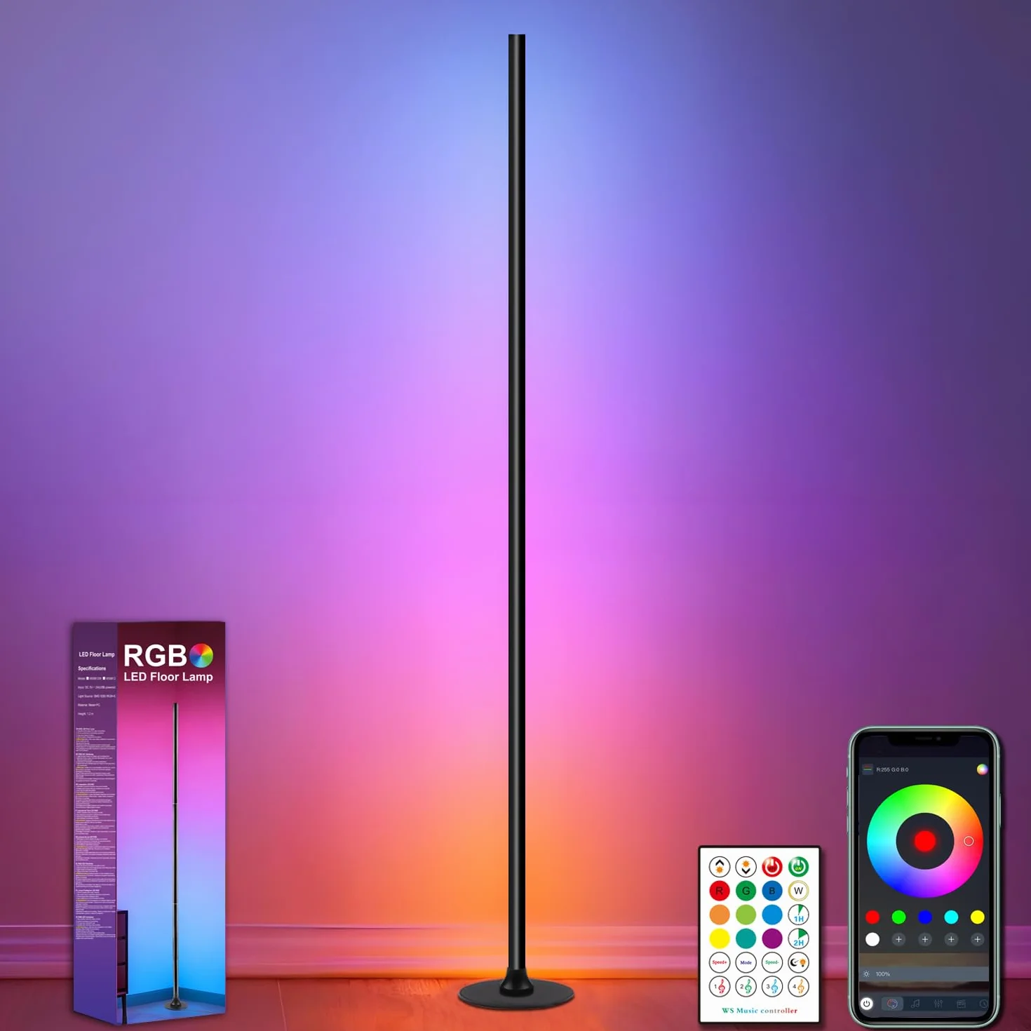 Lámpara de Pie LED Regulable RGB 1.2 m con Control Remoto y APP, 16 Millones de Colores, 234 Modos, Negro