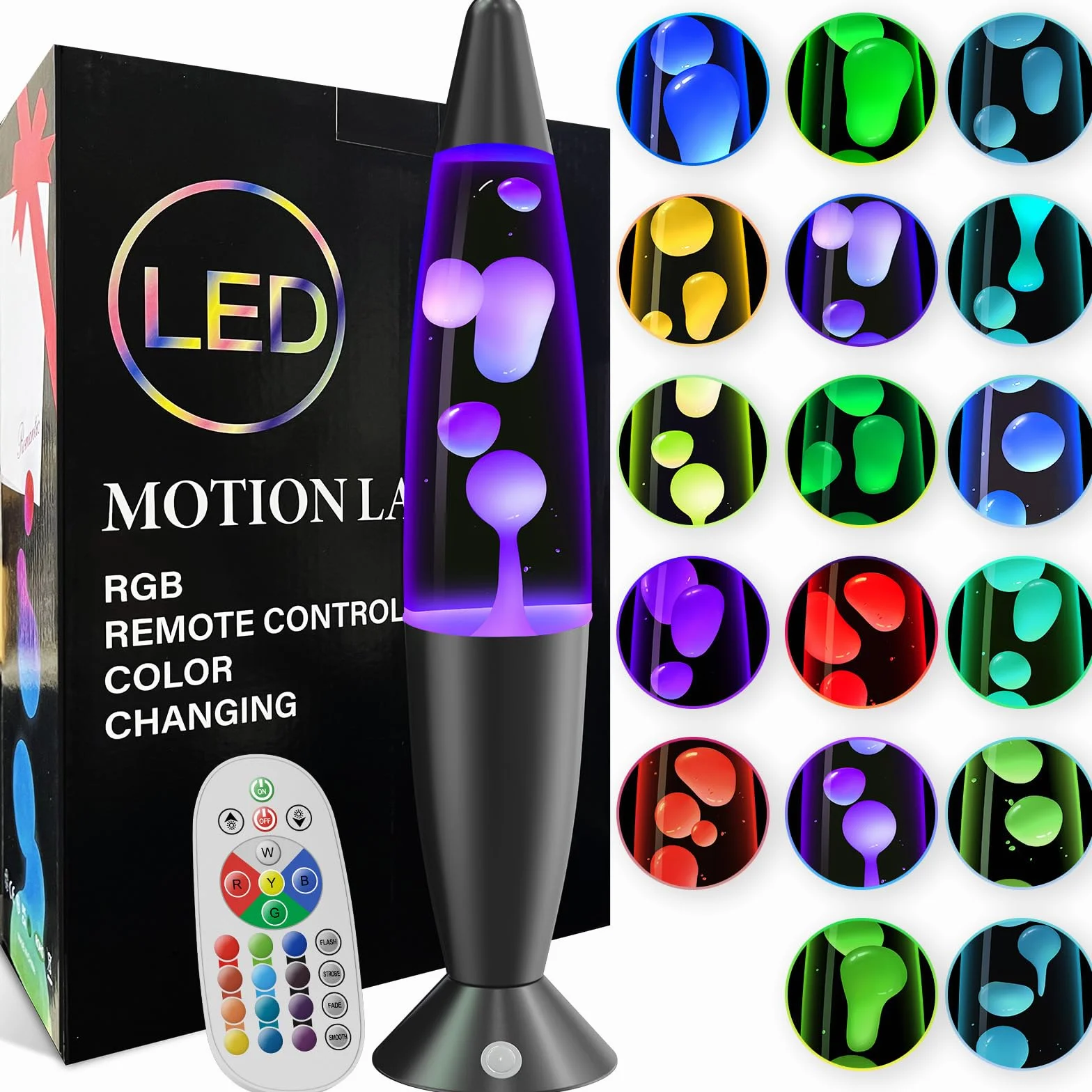 16" Lámpara Retro de Movimiento Líquido con 17 Colores y Control Remoto, Luz Multicolor para Dormitorio, Decoración y Regalo