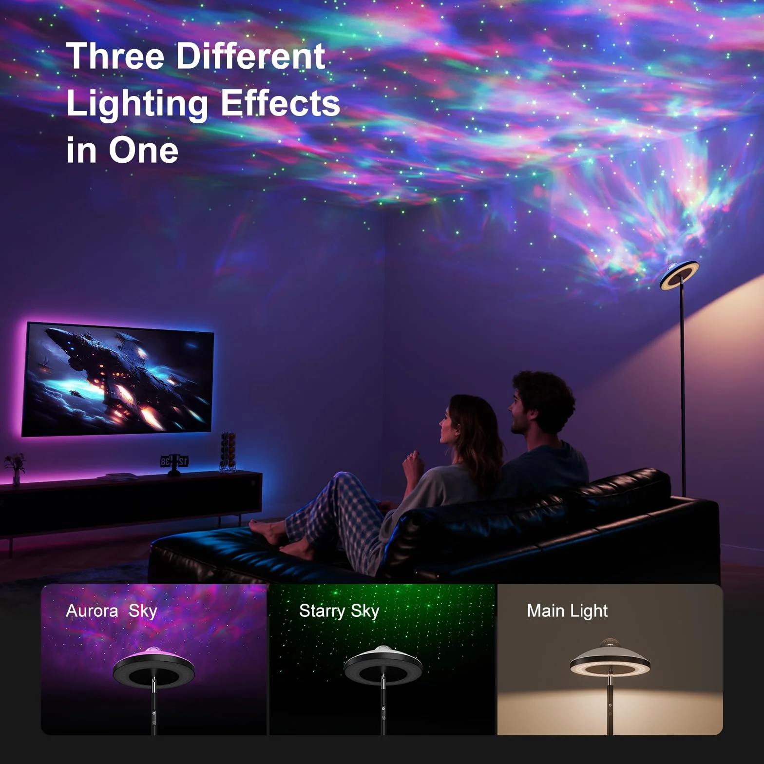 DUSKTEC Lámpara de Pie LED Inteligente para Salón | Proyector de Estrellas y Luz de Lectura | Regulable con Mando a Distancia y Temporizador | Lámpara de Pie para Dormitorio Infantil y Oficina