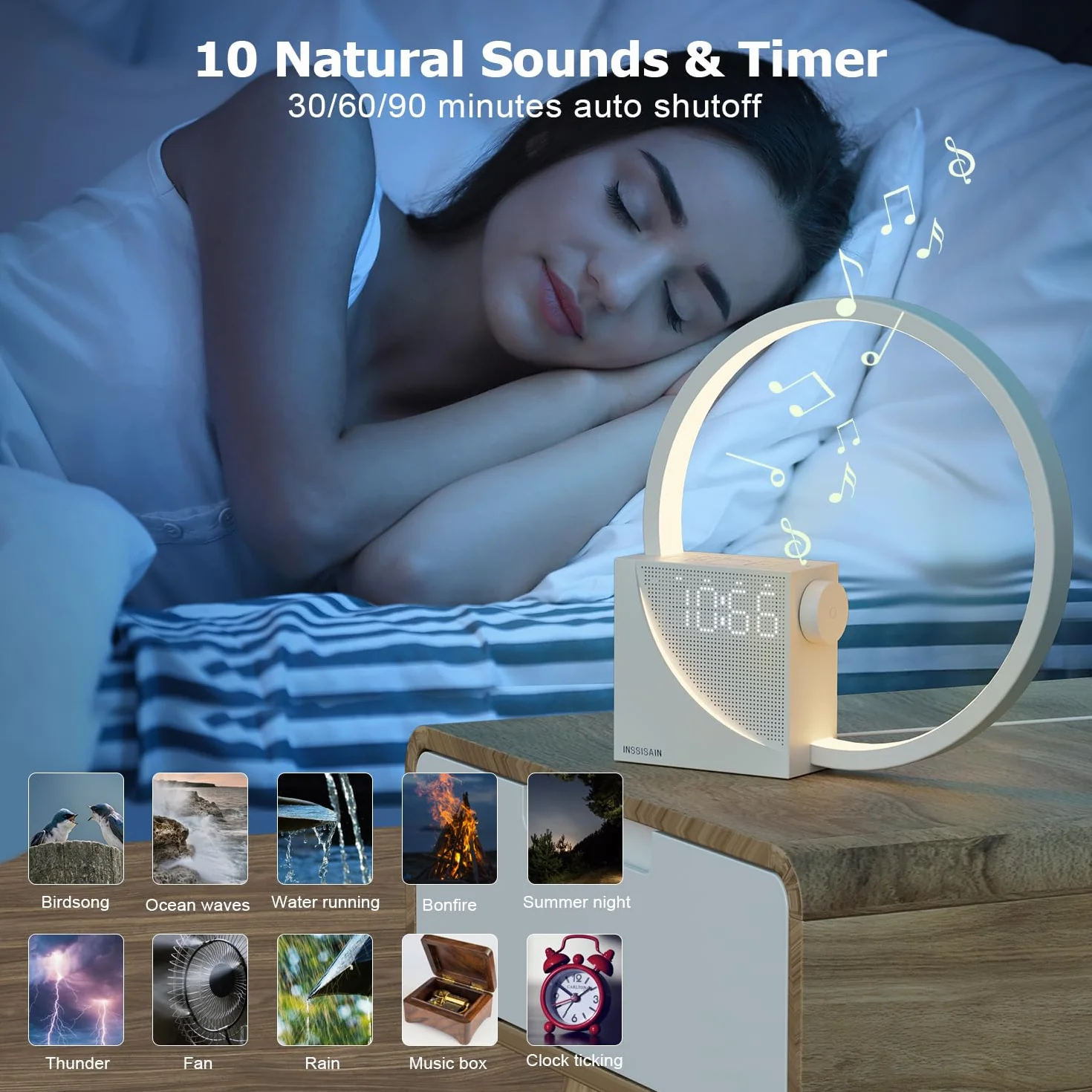 Lámpara De Cabecera De 10w, 2 Despertador, 10W Puertos de Carga USB, Luz Nocturna de 3 Niveles de Brillo,10 Sonidos Naturales,Ayudar a Dormir a Bebés Y Adultos (Beige)