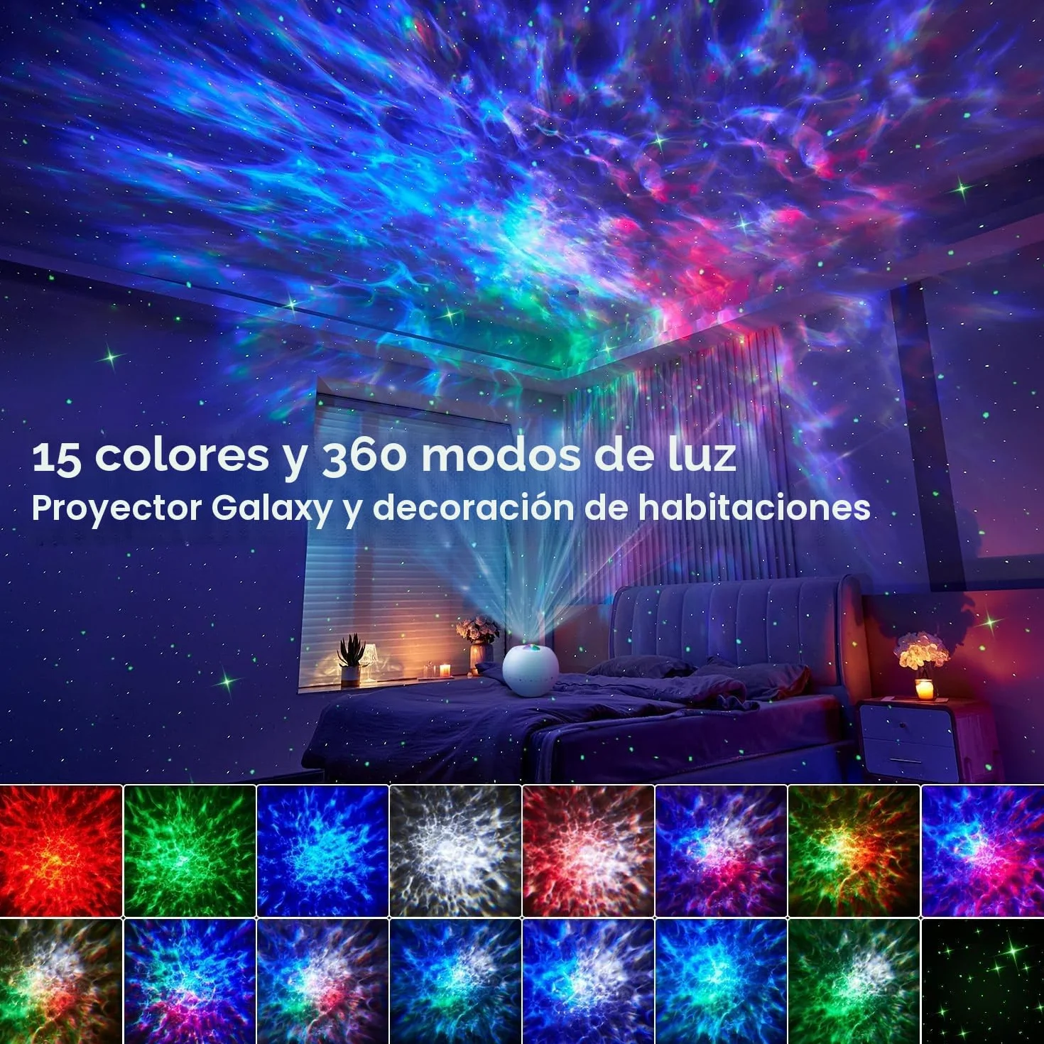 One Fire Proyector de Galaxias y Estrellas Real, 15 Colores 360 Modo Luces LED, Ruido Blanco Bebe Bluetooth Luz Nocturna Infantil Lampara LED