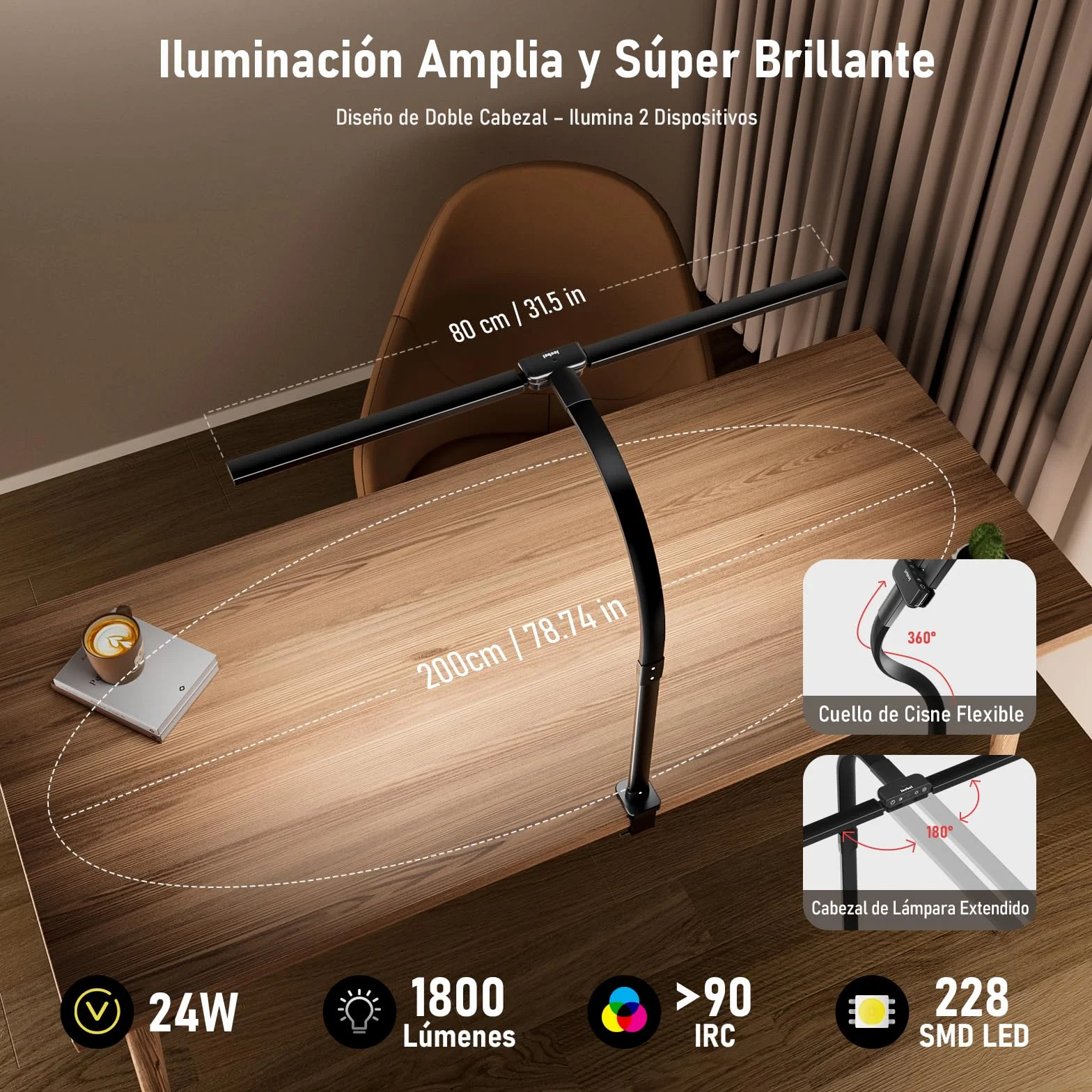 Jeebel Lámpara de Escritorio Pinza LED 24W 80cm Doble Cabezal 1800LM 10 Temperatura Color 10 Niveles Brillo