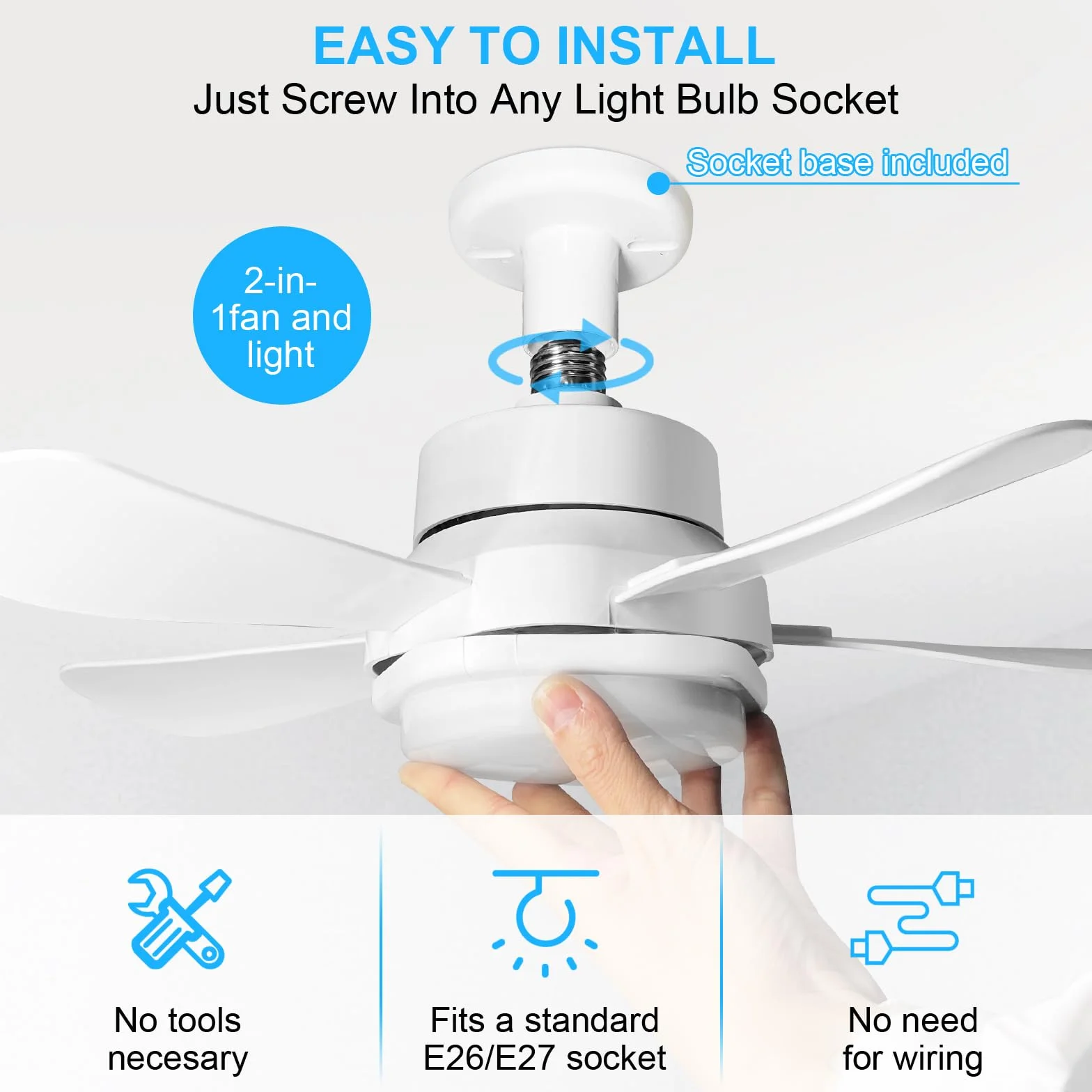Ventilador de Techo con Luz LED 40 cm, E27, 6 Palas, Motor DC 6 Velocidades, 6000K Blanco