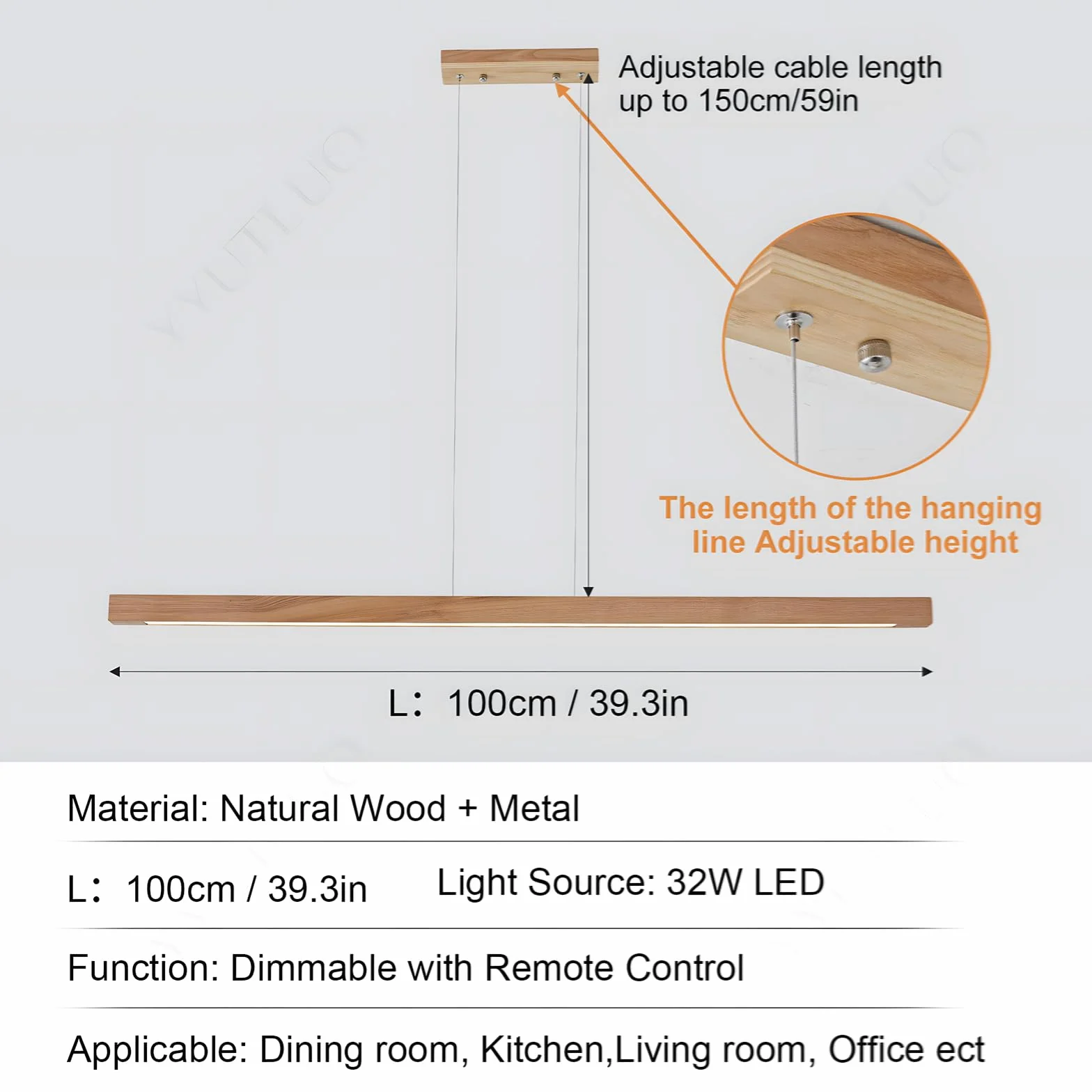 Lámpara De Araña Cuboides De Madera 100cm Regulable Control Remoto LED Colgante Ajustable 150cm