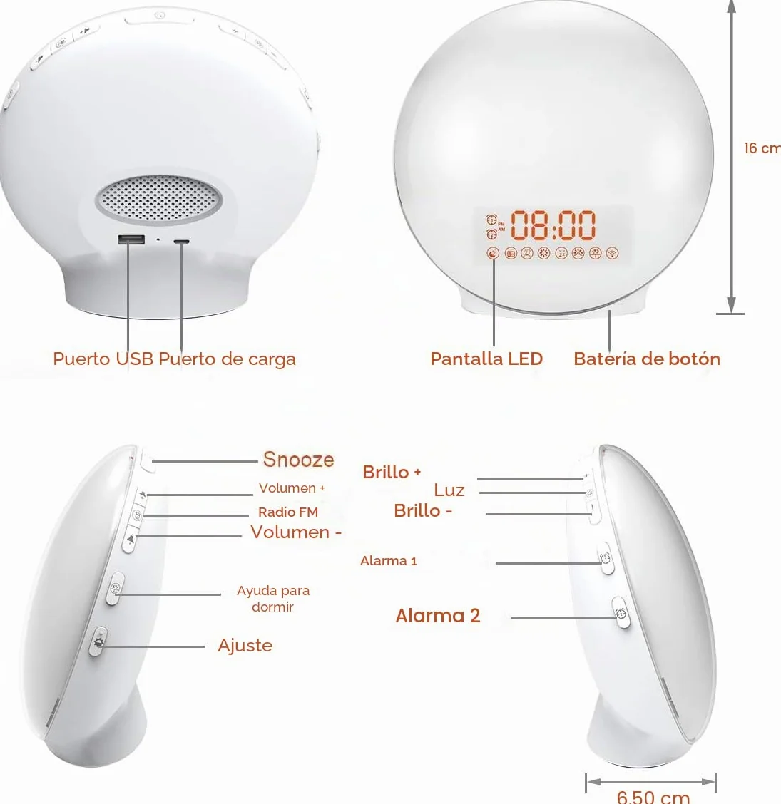 Cadrim Wake Up Light Despertador Luz Amanecer Simulación 7 Colores Snooze 8 Sonidos Naturales Radio FM 20 Niveles Brillo