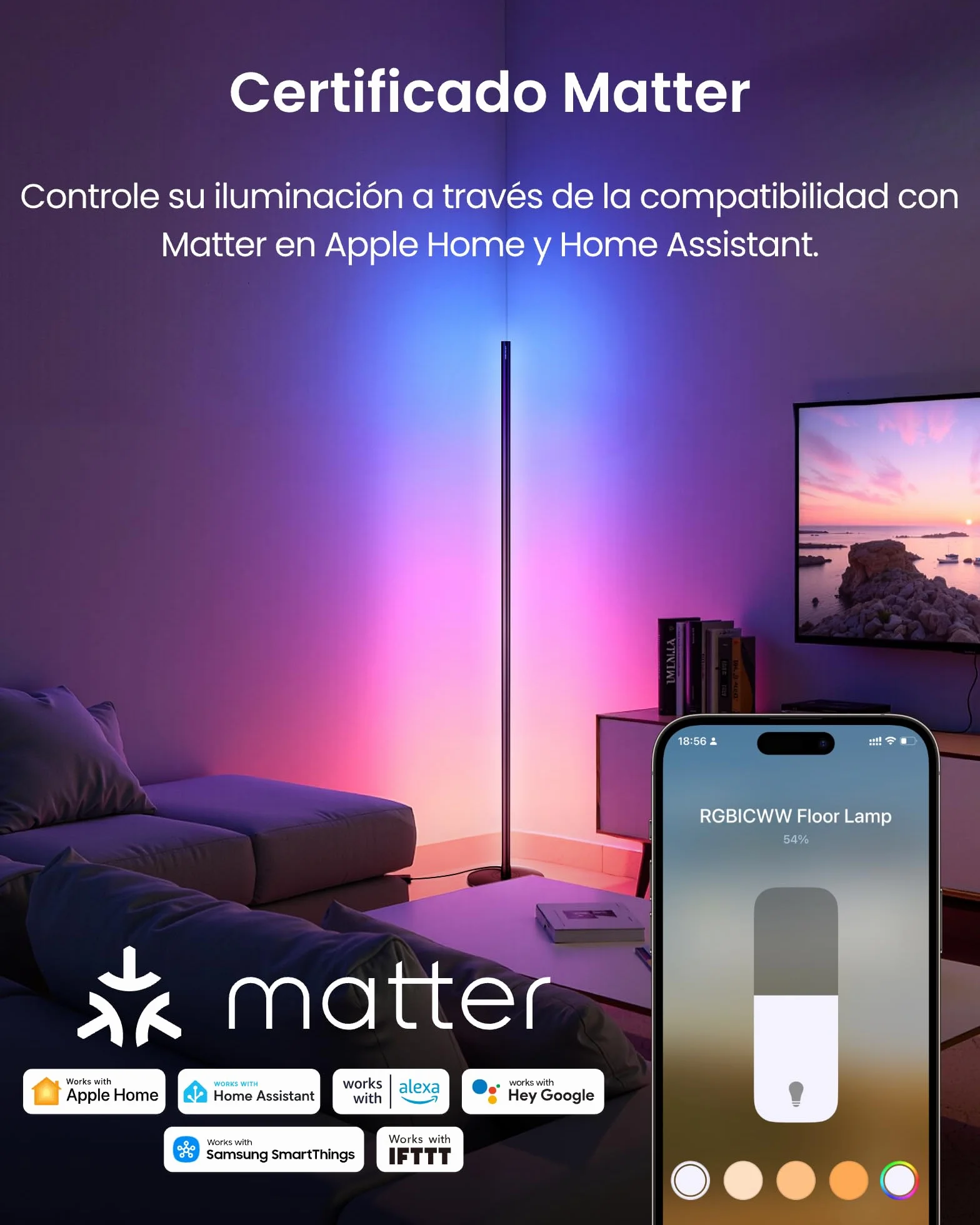 SwitchBot Matter RGBICWW Lámpara de Pie LED, Blanco Cálido y Frío, 16 Millones Colores, 1200lm, Compatible con Apple Home, Alexa, Google Home