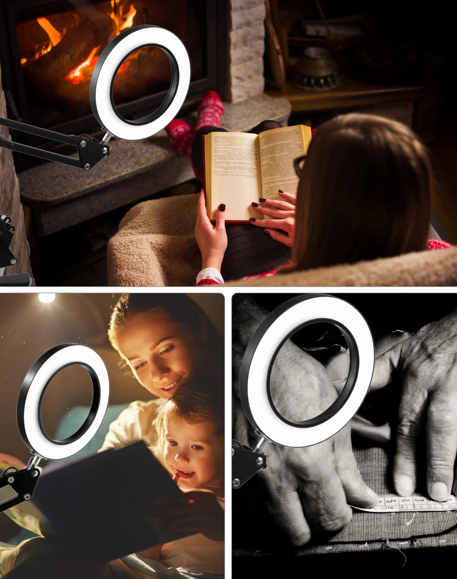 QWORK® LED de Lupa con Abrazadera y Base, lámparas de Aumento 10X, 3 Modos de Color y 10 Brillos Regulables, lámpara de Brazo Giratorio Ajustable, Negro