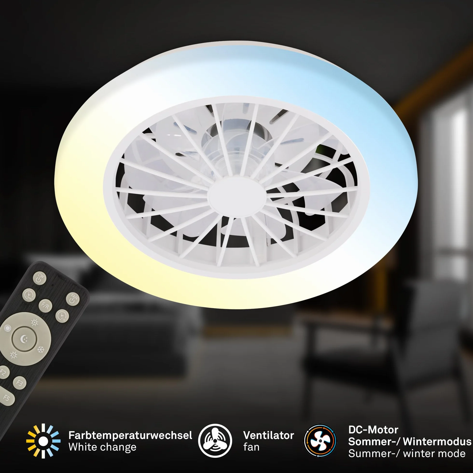 BRILONER Ventilador de techo con luz LED, mando a distancia, motor DC silencioso, 38 x 14 cm, blanco