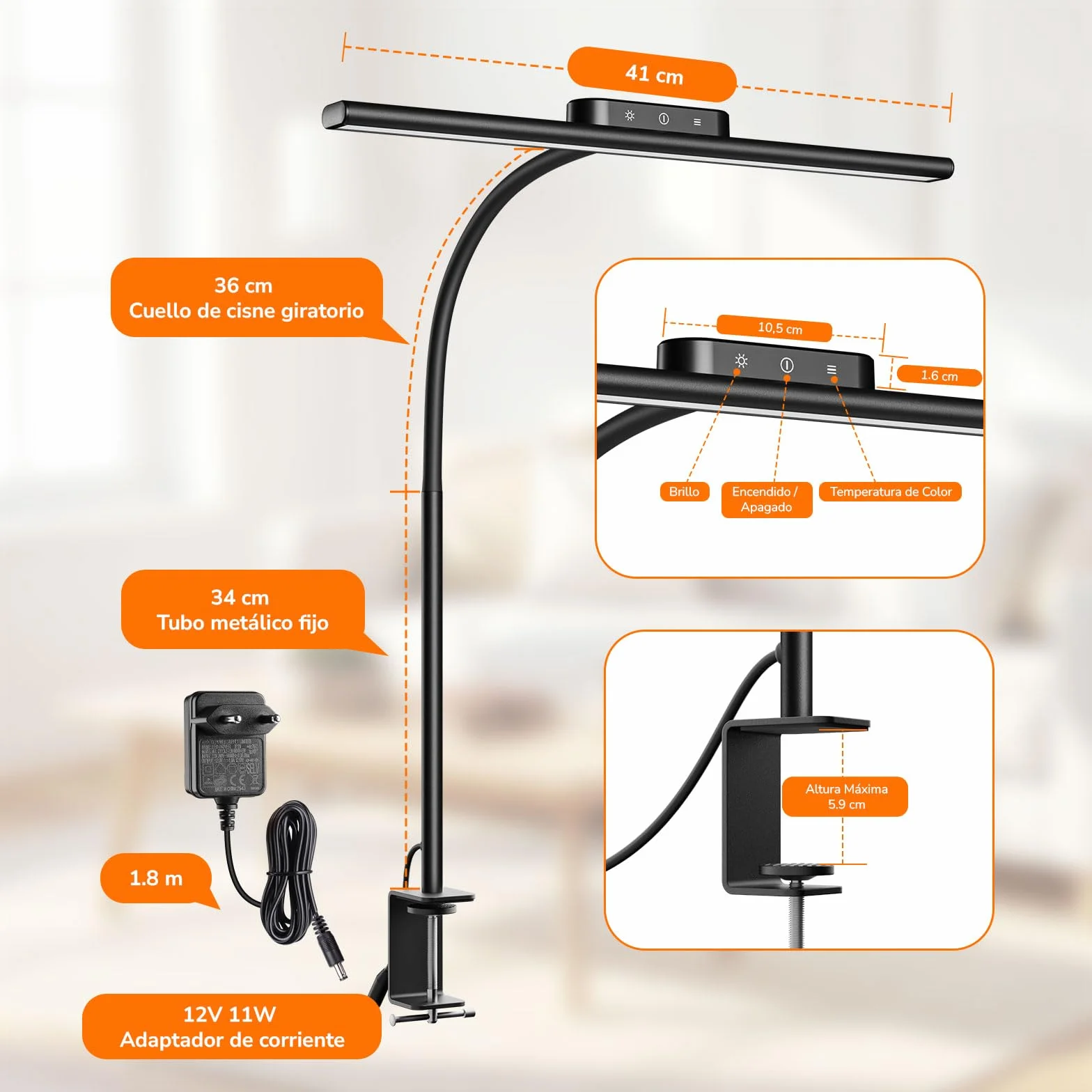 Lepro Lámpara de Escritorio Pinza LED 11W, Flexo Ajustable 5 Modos Color 5 Niveles Brillo, Cuidado Ocular, Negro