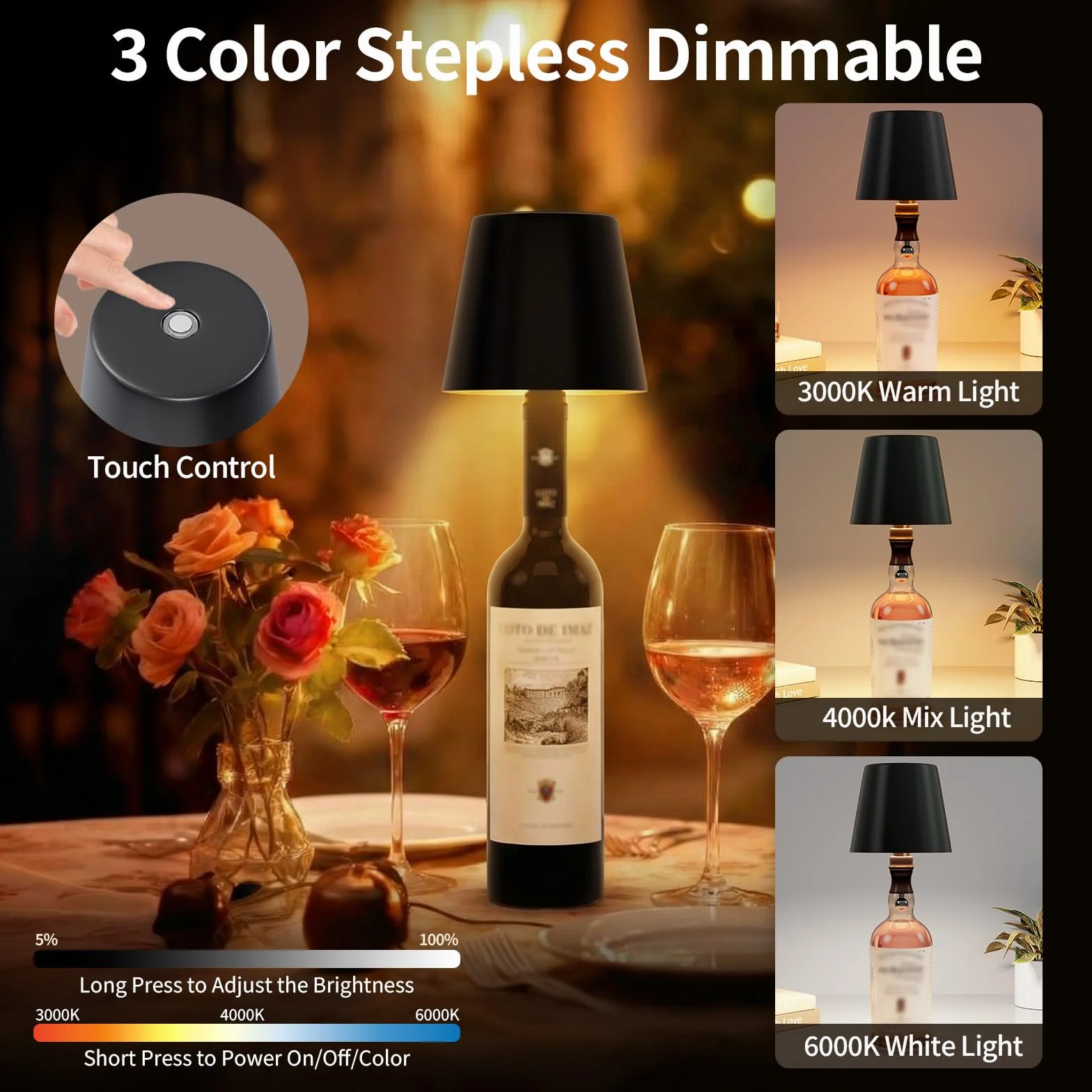 Lámparas LED para Botella 2 Piezas, Inalámbricas Recargables IP54, 5300 mAh, Negro