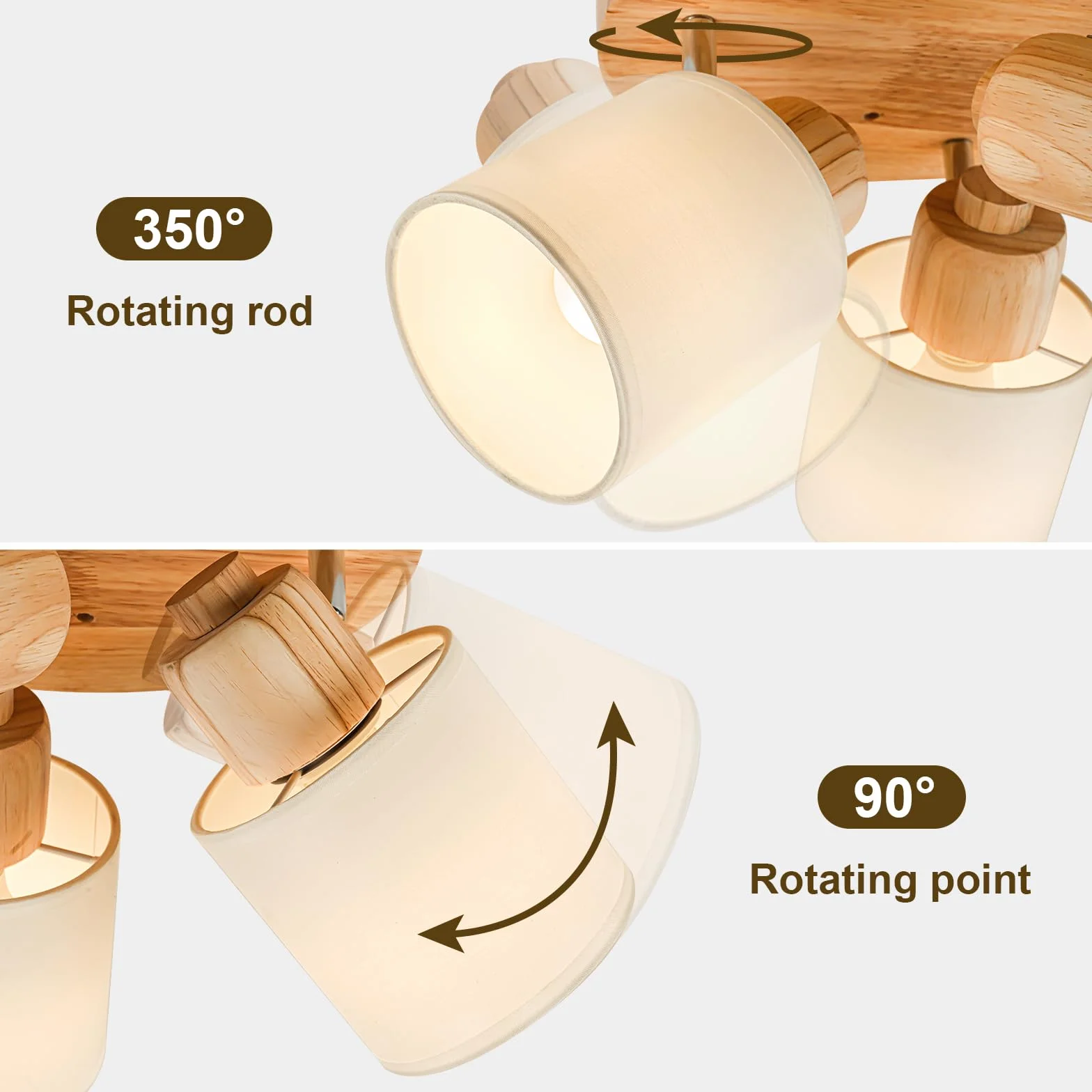 Lámpara de Techo 3 Focos Orientable Redonda Madera E14 Retro Aplique Pared Interior Giratorios