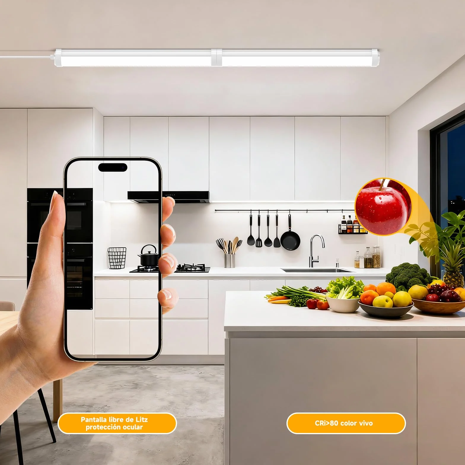 Lámpara de Techo LED 60CM, Fluorescente LED 18W, 2250lm, IP65 Impermeable, 6000K, Conectable, para Garaje, Taller, Cuarto de Baño, Oficina