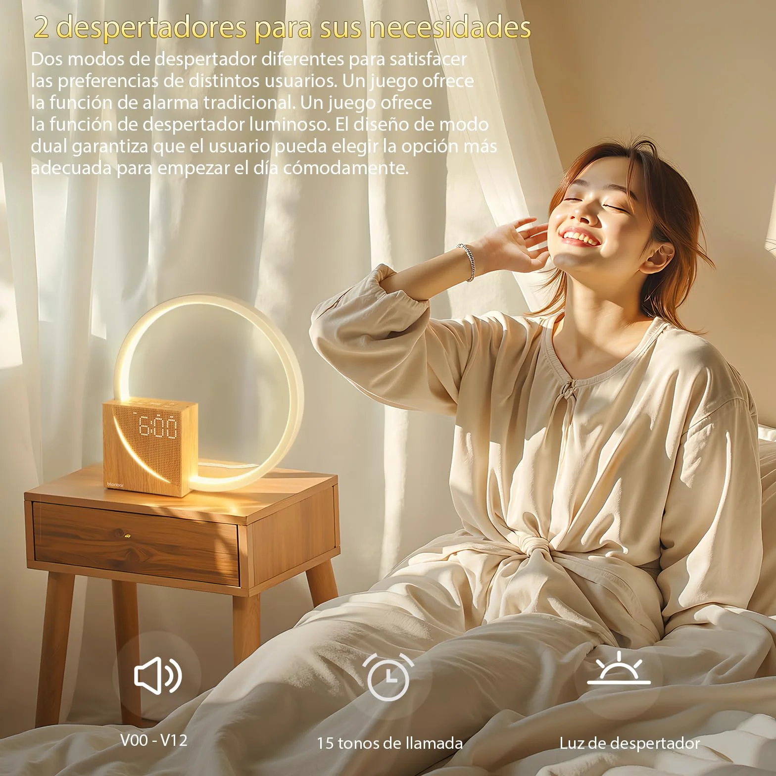 blonbar Despertador de Luz Natural de Cabecera 10W con Carga USB, Luz Nocturna Táctil de 3 Niveles de Brillo, Ayuda para el descanso de adultos y bebés