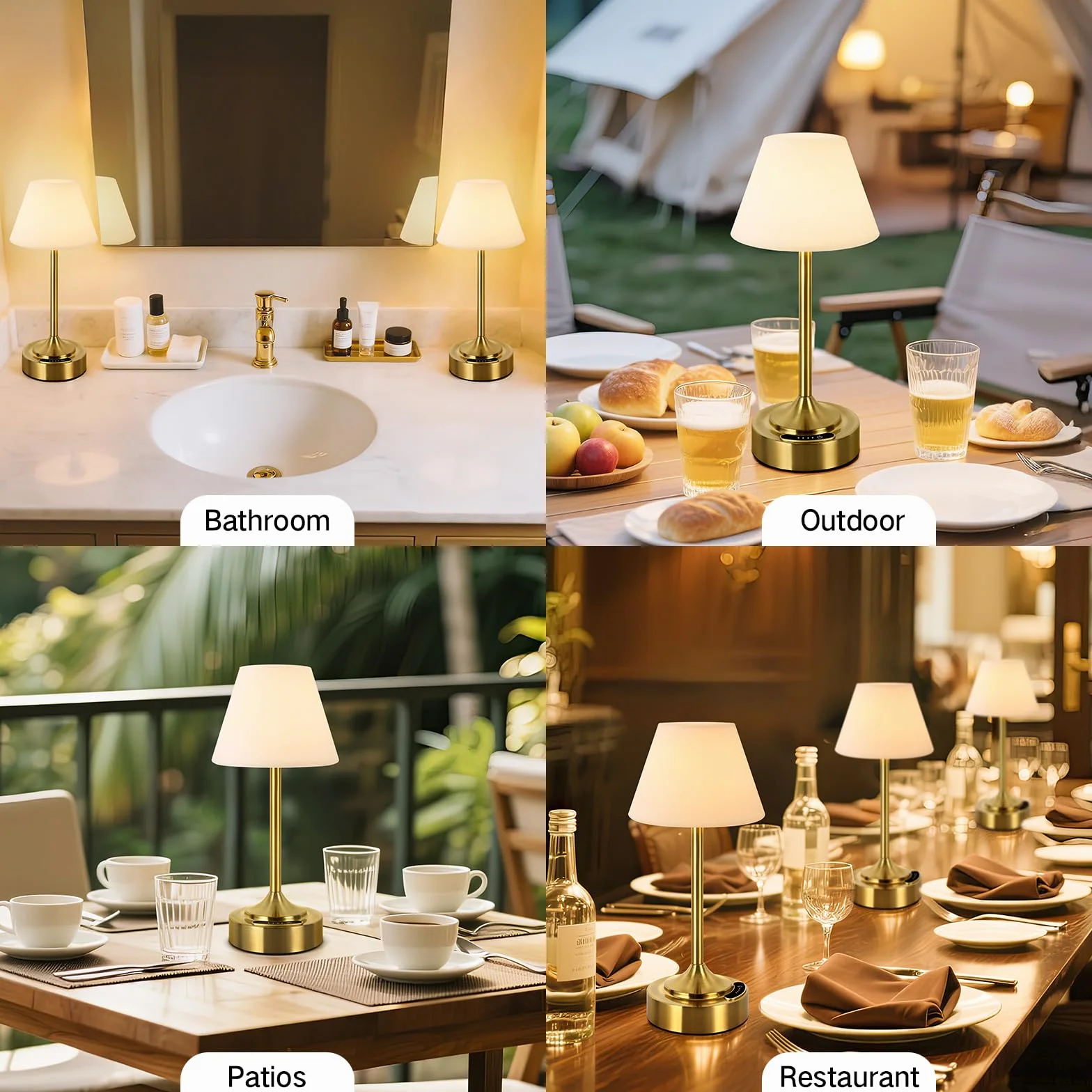 OUTON Pack 2 Lámparas de Mesa LED Sin Cable – Indicador de Batería, Regulación Táctil, USB-C, 3 Tonos (3000–6000K), IP54, Hasta 53h de Autonomía, para Dormitorio, Baño, Terraza (Oro)