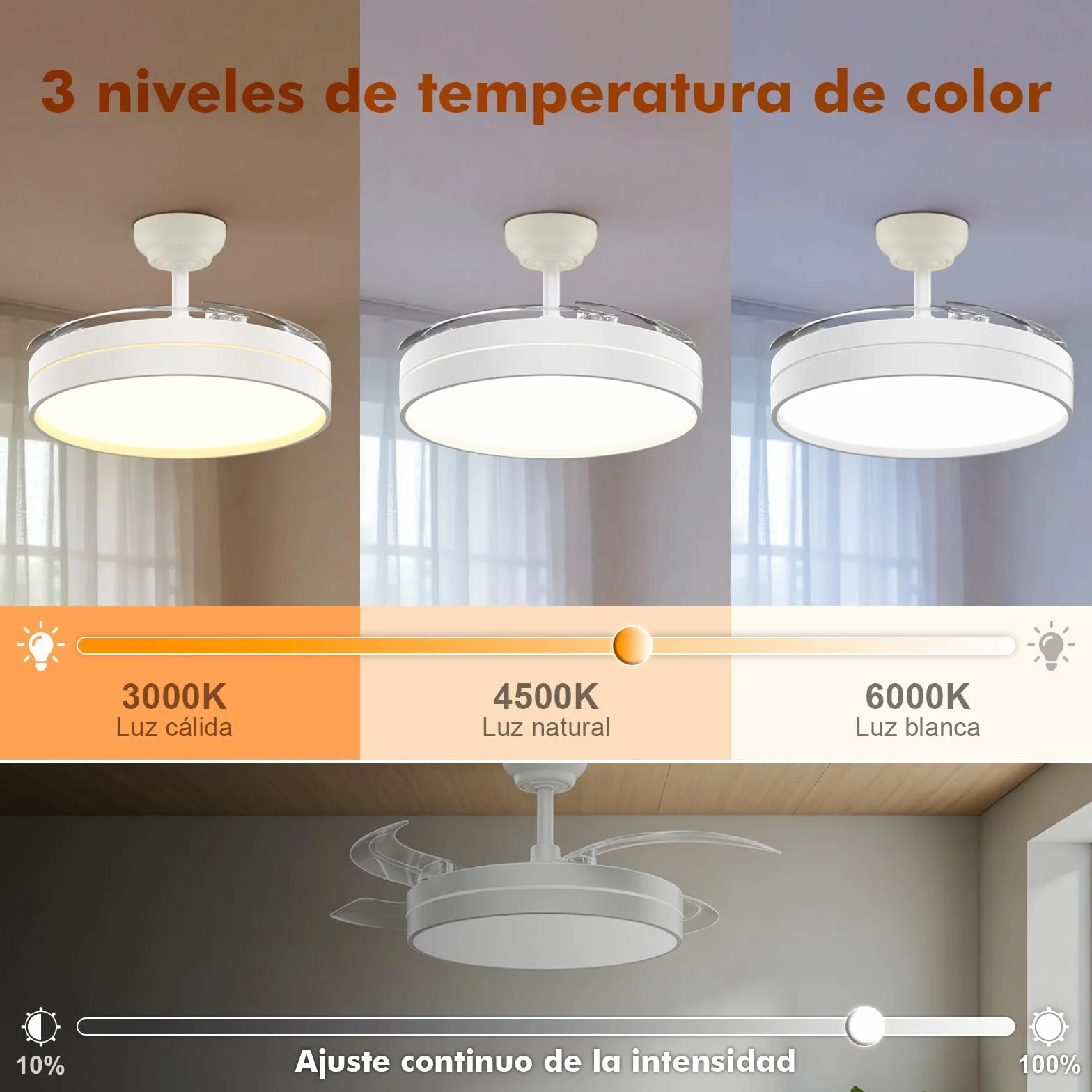 GRIFEMA Ventilador de Techo con Luz y Mando a Distancia, 107cm, Motor DC 30W, 6 Velocidades, GD105
