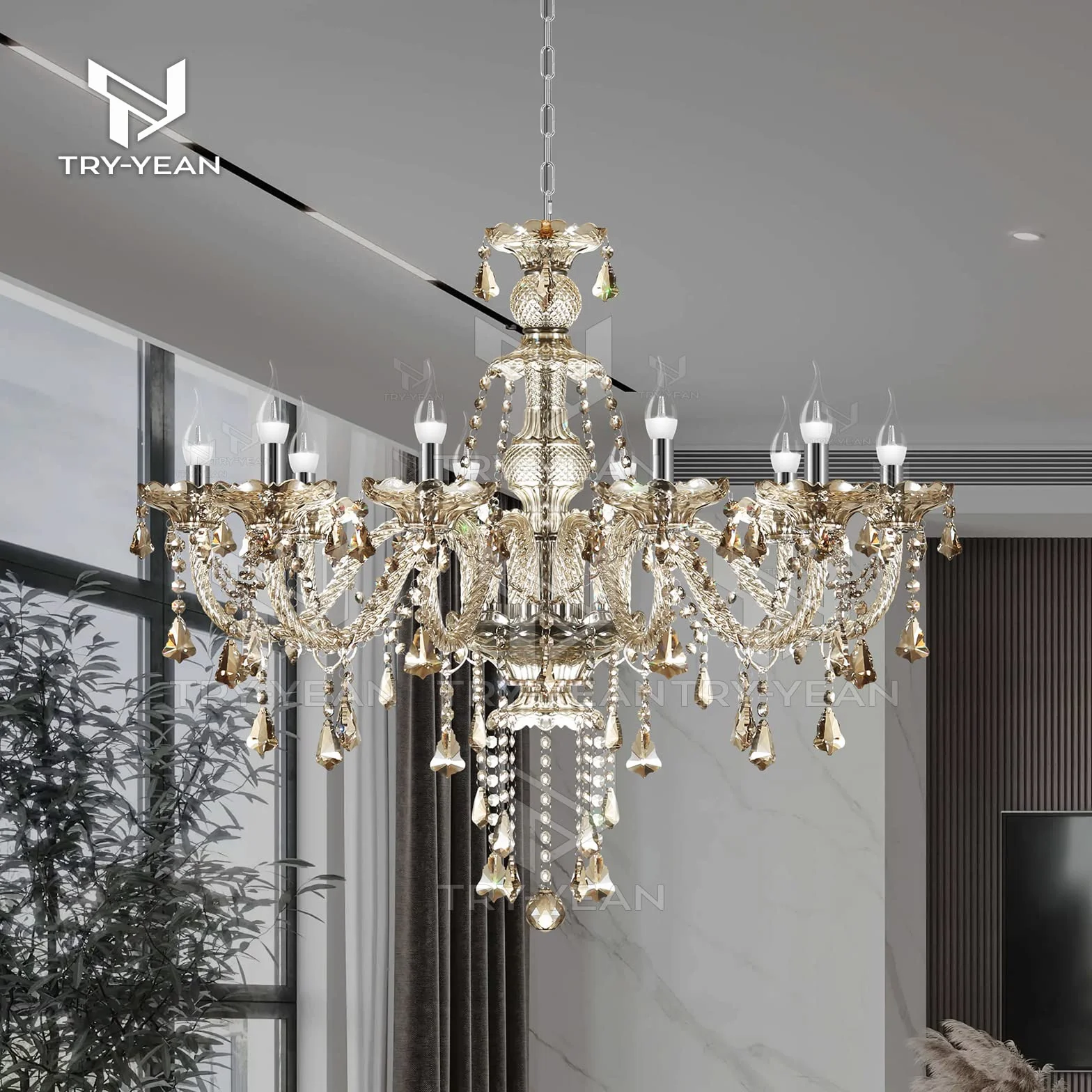Lámparas de Araña de Coñac Lampara Cristal Colgante Clásico 10 Luces Lámparas Techo Lagrimas K9 Cristal Candelabro con Cadena Ajustable para Dormitorio, Salón, Comedor, Restaurante E14