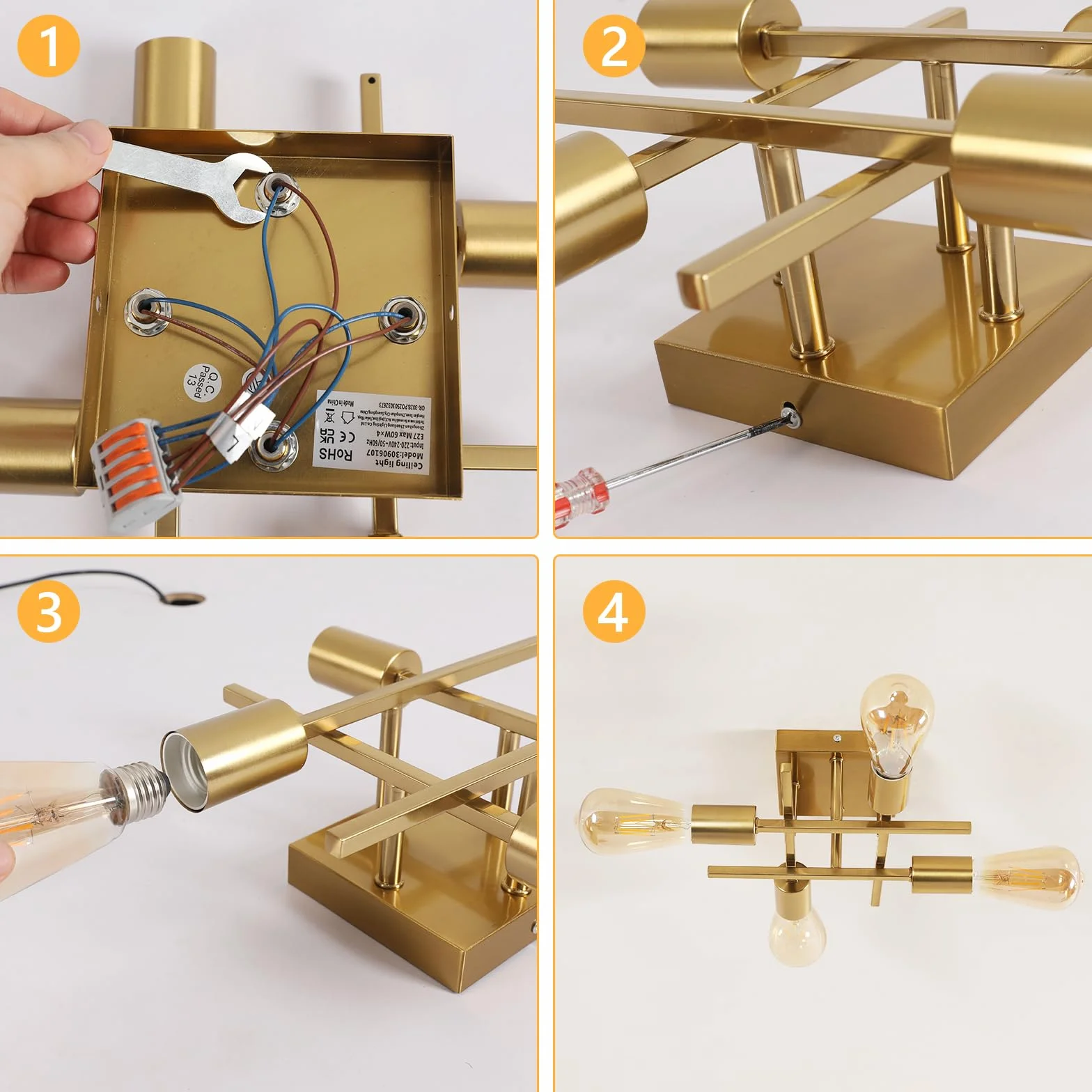 Lámpara de Techo Industrial Comely, Araña Dorado 4 Luces E27 Sputnik Vintage